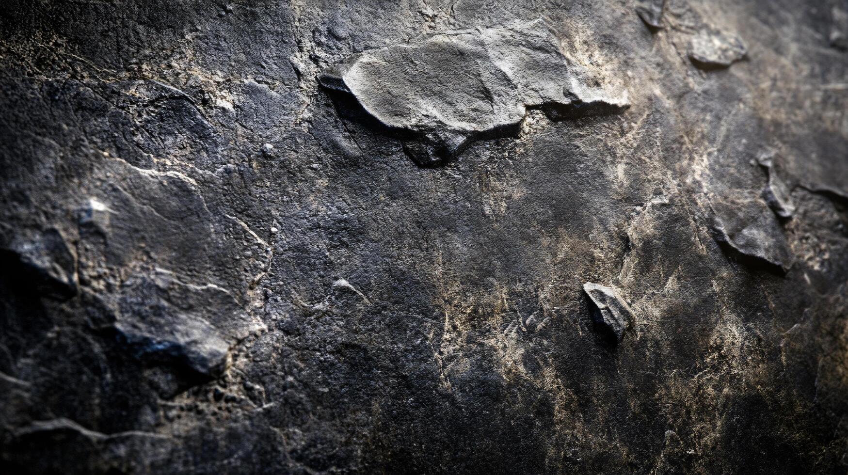 Close up of a rock with a lot of texture. The rock is black and grey and has a rough surface photo