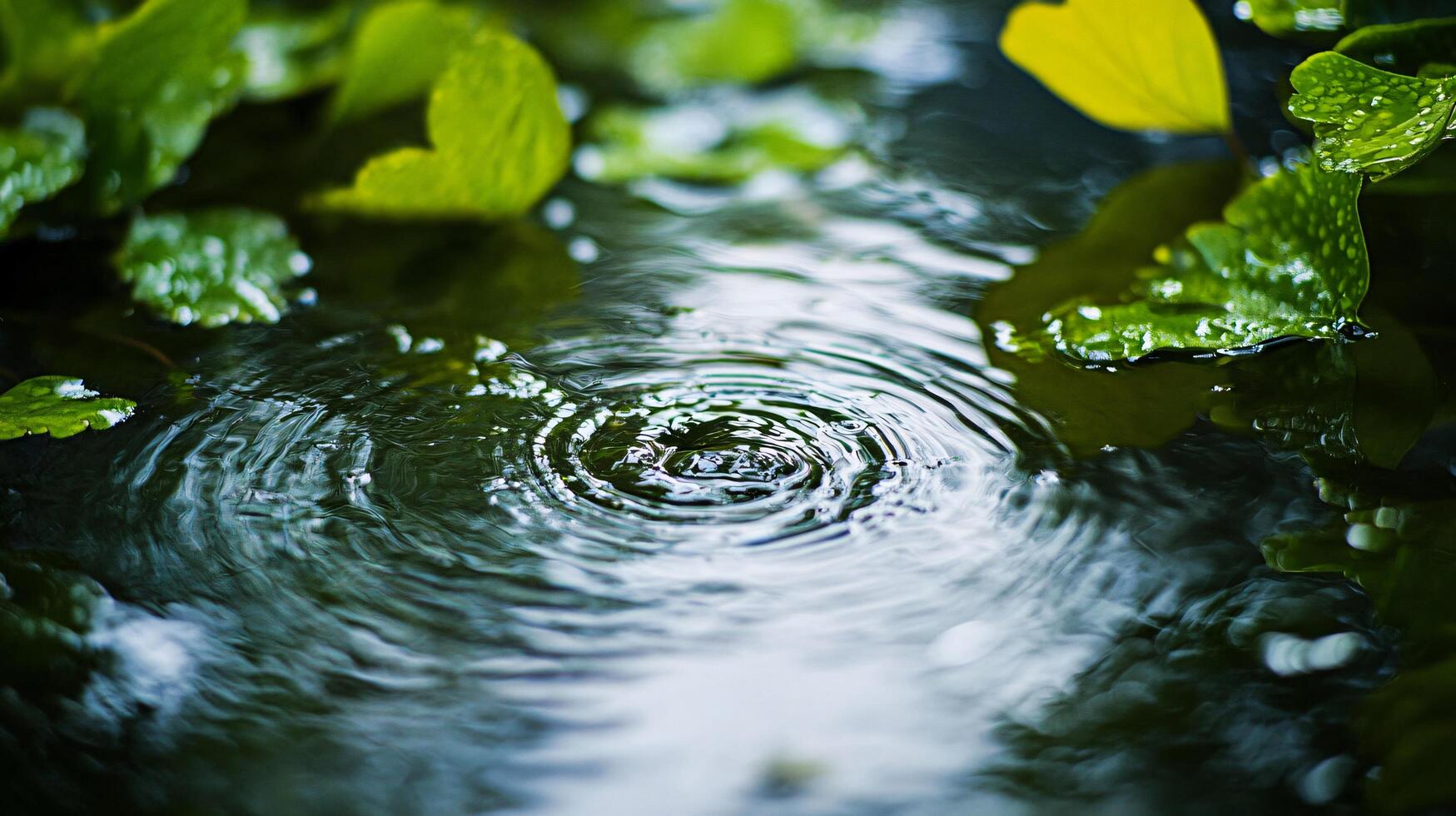 Small puddle of water with leaves floating on top. The water is calm and still, with the leaves creating ripples on the surface. The scene is peaceful and serene photo