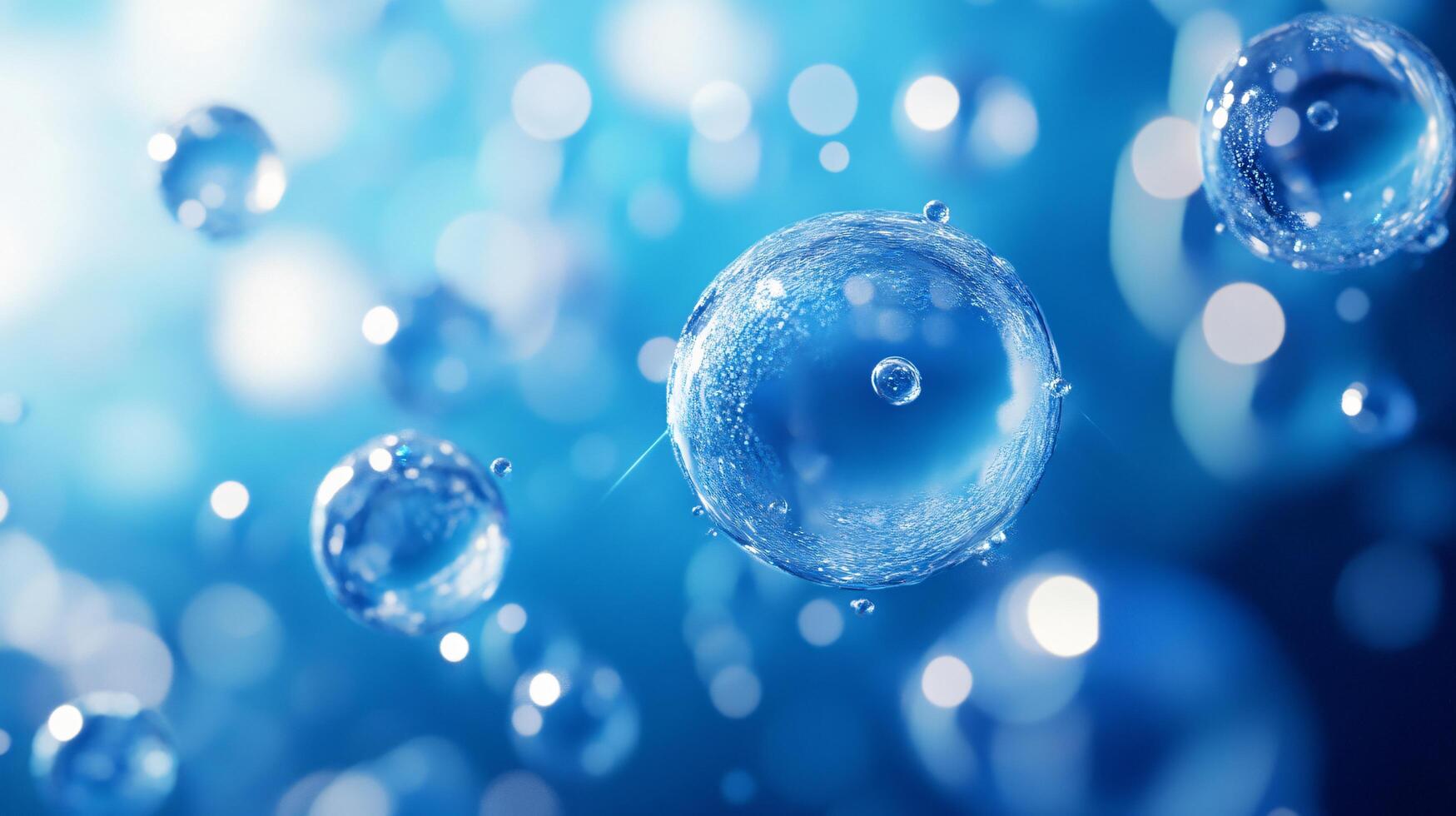 The image is of a blue and clear sphere with many small bubbles surrounding it. The bubbles are scattered throughout the sphere, creating a sense of movement and energy. Scene is one of fluidity photo