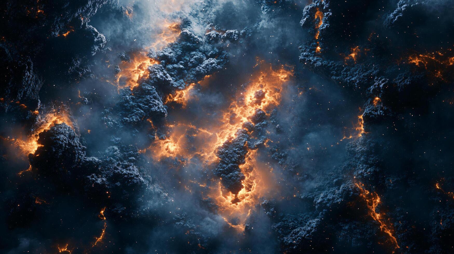 Space scene with a blue sky and orange clouds. The scene is very dynamic and full of energy photo