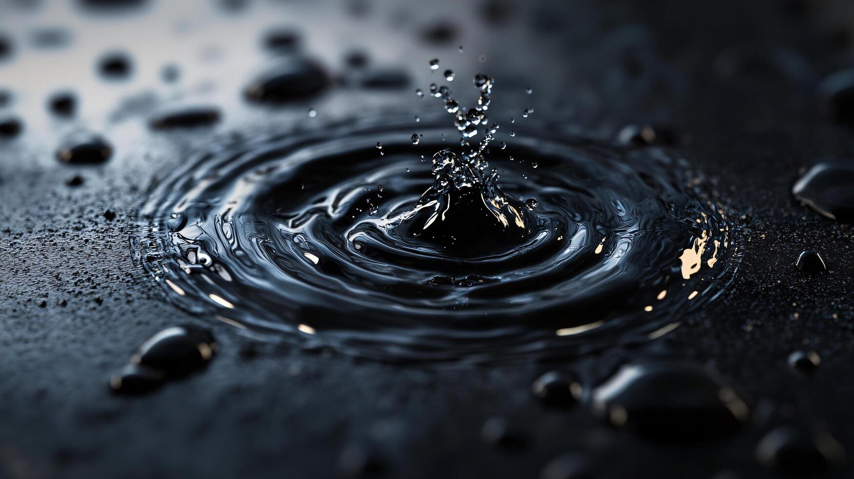 Single drop of water is falling onto a dark surface, creating a small splash. The water is clear and the surface is black, giving the image a calm and serene atmosphere photo