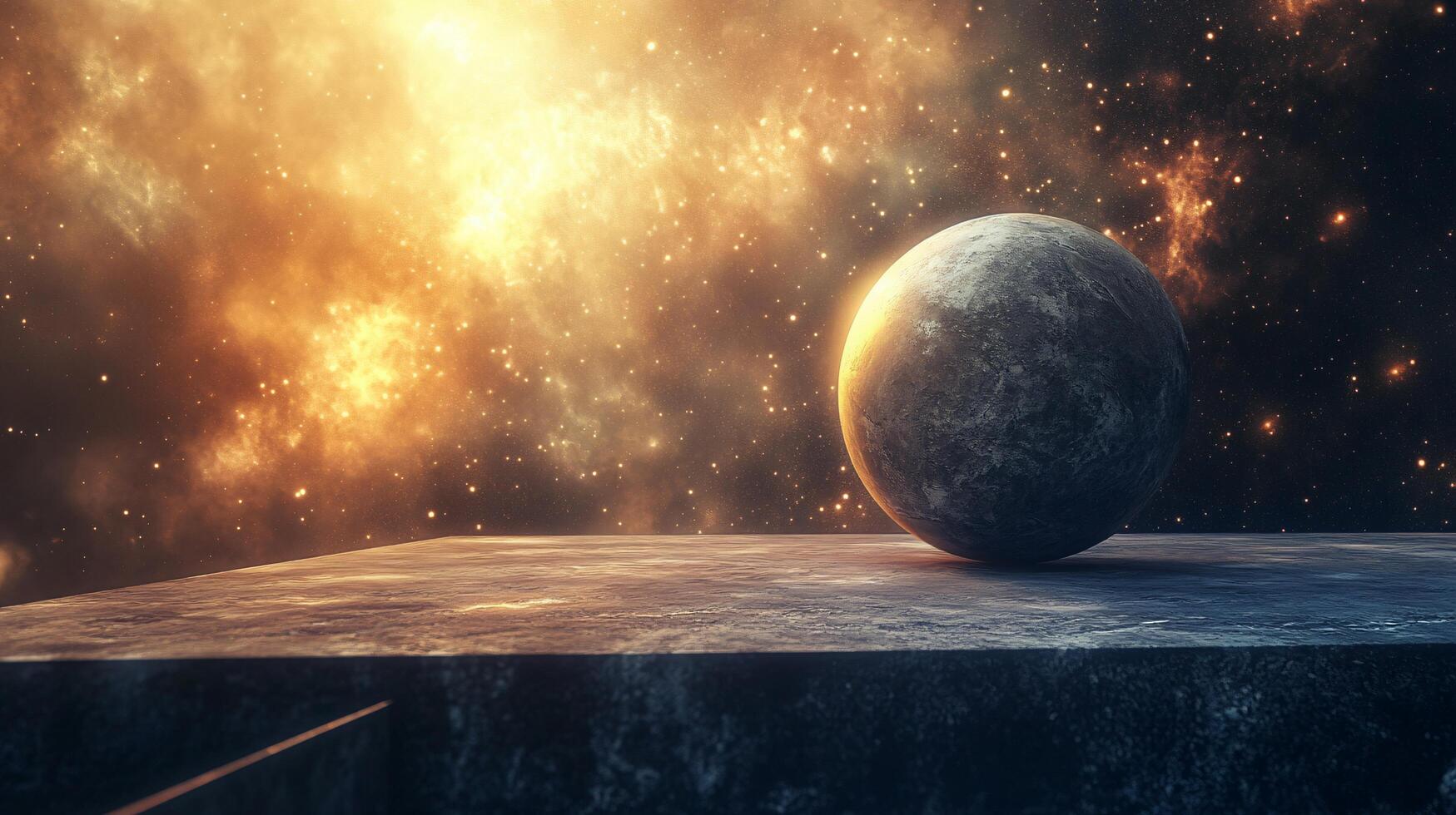 Large planet is sitting on a rocky surface in the middle of a starry sky. The planet is surrounded by a lot of stars, and the sky is filled with a lot of light. The scene is peaceful and serene photo