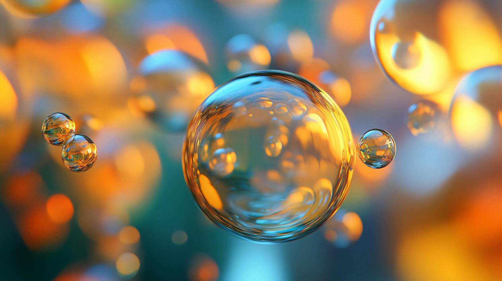 Close up of a bubble with a yellowish tint. The bubbles are floating in the air and are of different sizes. Concept of playfulness and lightheartedness photo