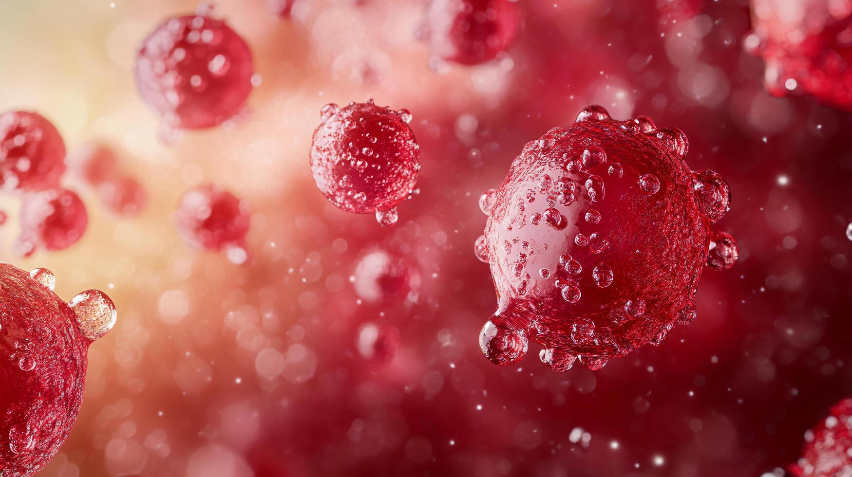 Close up of red spheres with a blurry background. The spheres are all different sizes and are scattered throughout the image. Scene is one of chaos and disorder photo
