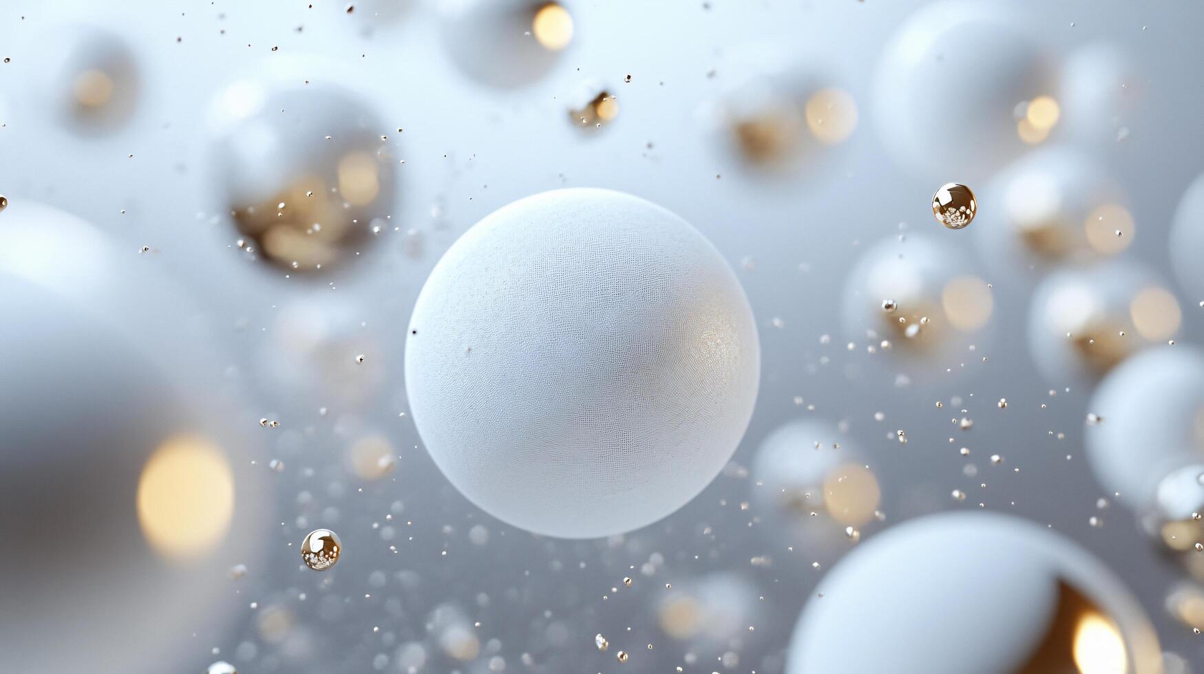 Large white sphere surrounded by smaller white spheres. Scene is one of chaos and disorder, as the white spheres are scattered all over the scene photo