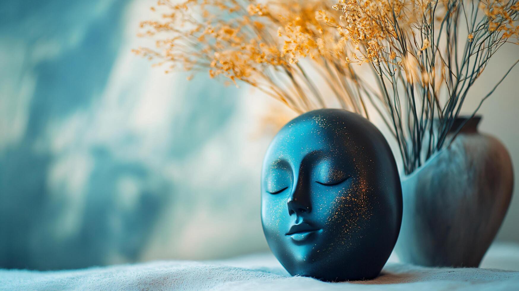 Blue vase with a face on it sits on a table next to a vase of flowers. The blue vase has a peaceful and calming effect, while the flowers add a touch of color and life to the scene photo