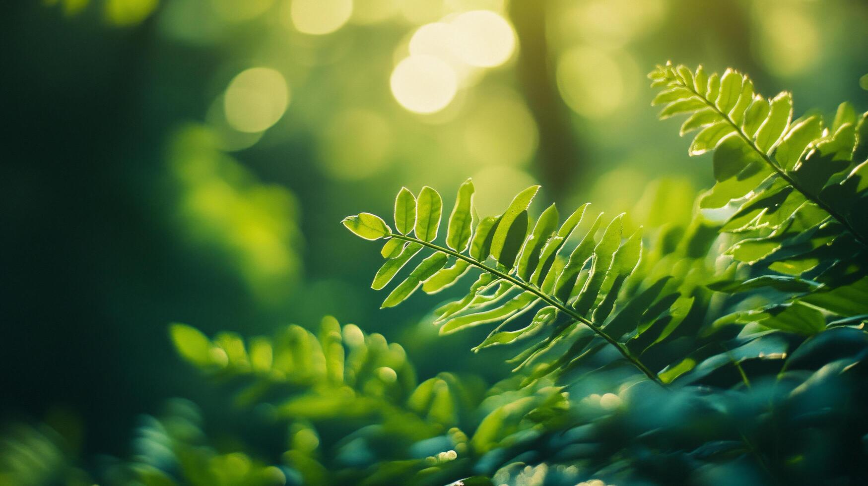 Leafy green plant with a bright green color. The leaves are large and spread out, giving the impression of a lush, vibrant forest. The sunlight shining on the leaves creates a warm photo