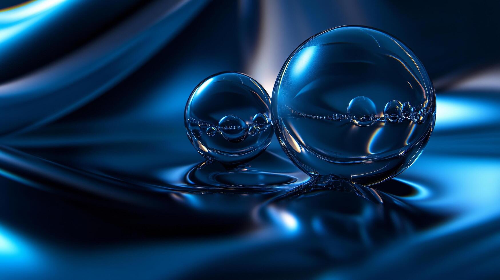 Two large, clear spheres are floating on a blue surface. The spheres are surrounded by water, creating a sense of depth and movement. The image evokes a feeling of tranquility and calmness photo