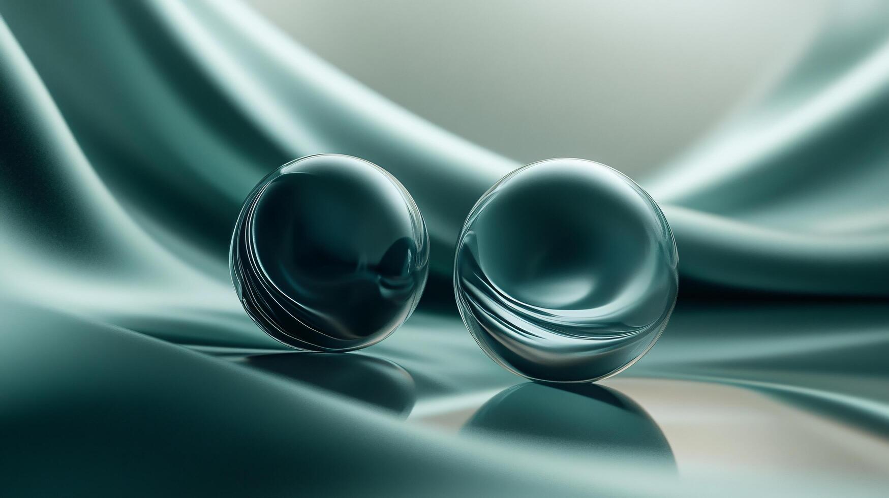 Two glass spheres are on a green cloth. The cloth is smooth and shiny. The spheres are reflecting the light and creating a sense of depth photo