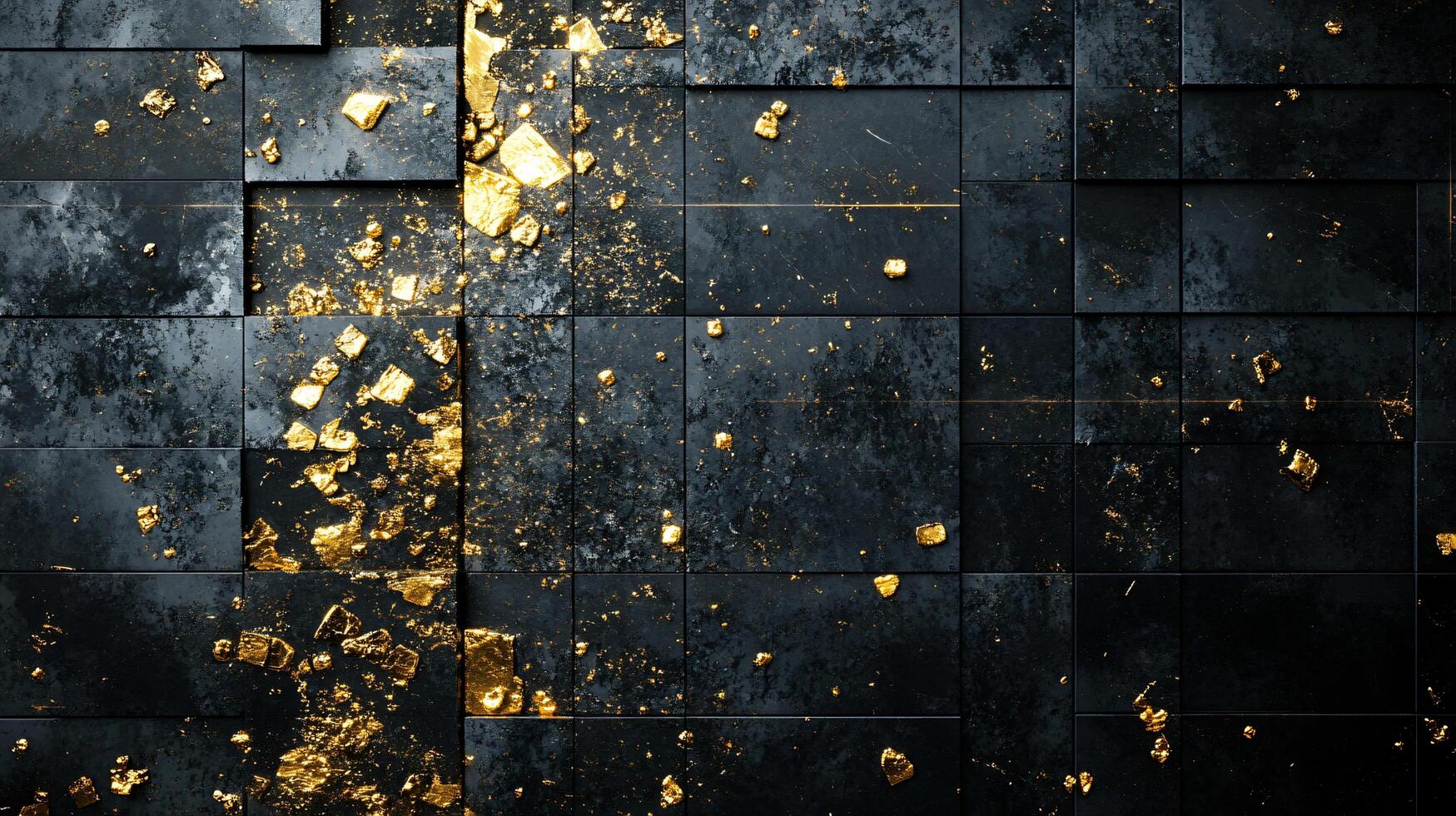 Black and gold wall with a crack in it. The crack is filled with gold dust. The wall is made of square tiles photo