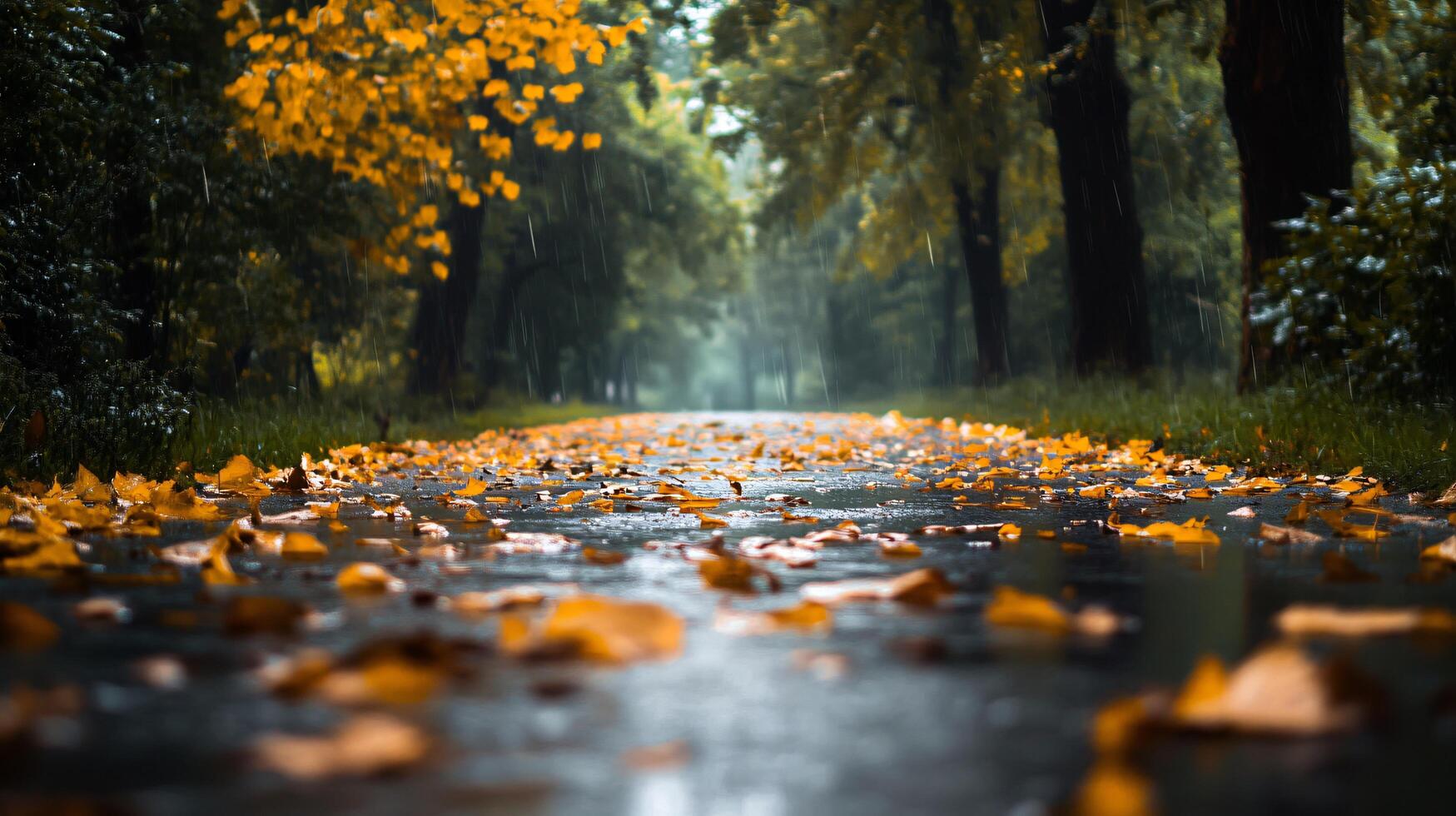 Path in a forest with leaves on the ground and rain. The leaves are scattered across the path, creating a wet and muddy surface. Concept of tranquility and peacefulness photo