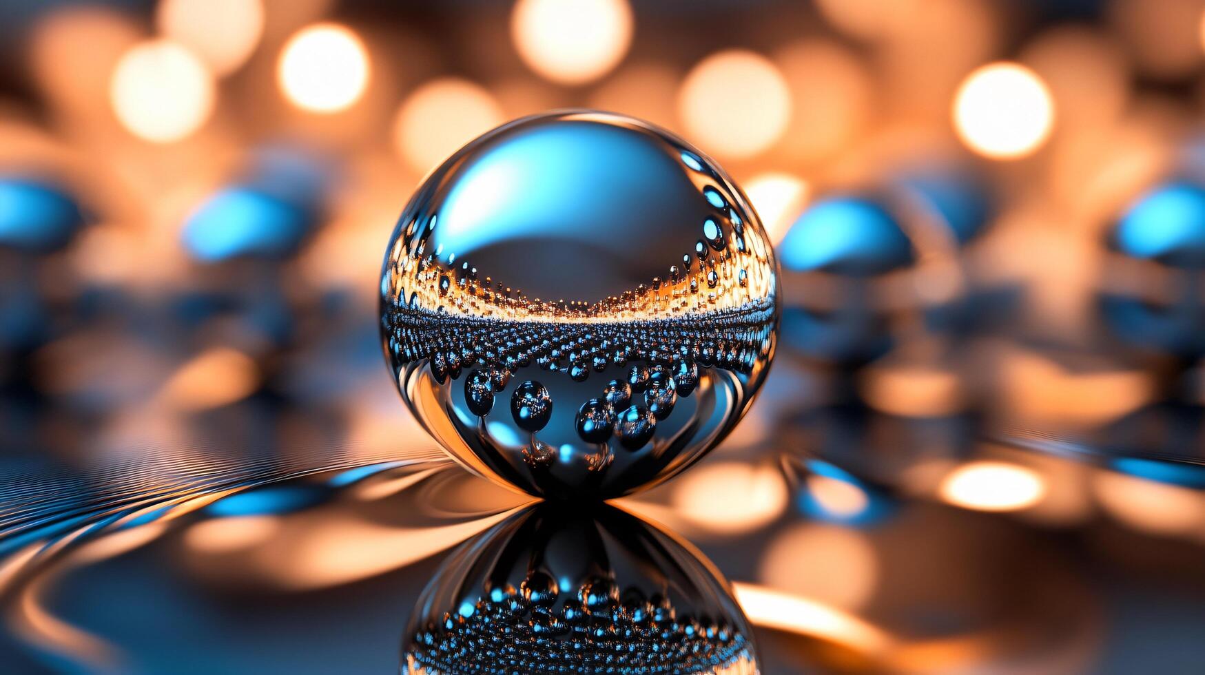 Large, clear sphere with a blue and orange background. The sphere is surrounded by many smaller spheres, creating a sense of depth and movement. Scene is serene and calming, as the water photo