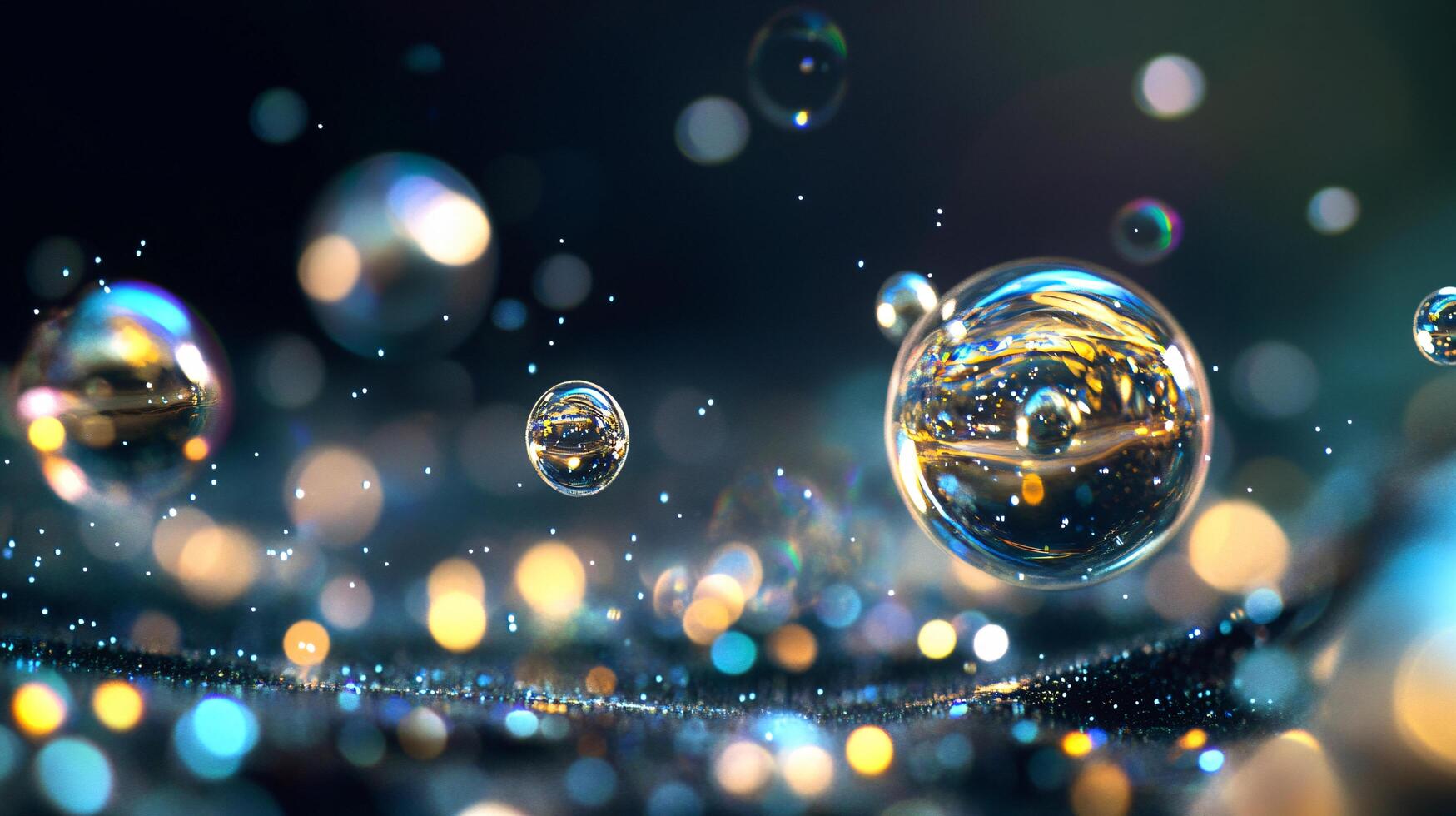 Collection of bubbles in various sizes and colors, with a blue background. The bubbles are scattered throughout the image, creating a sense of movement and energy. Scene is playful and whimsical photo
