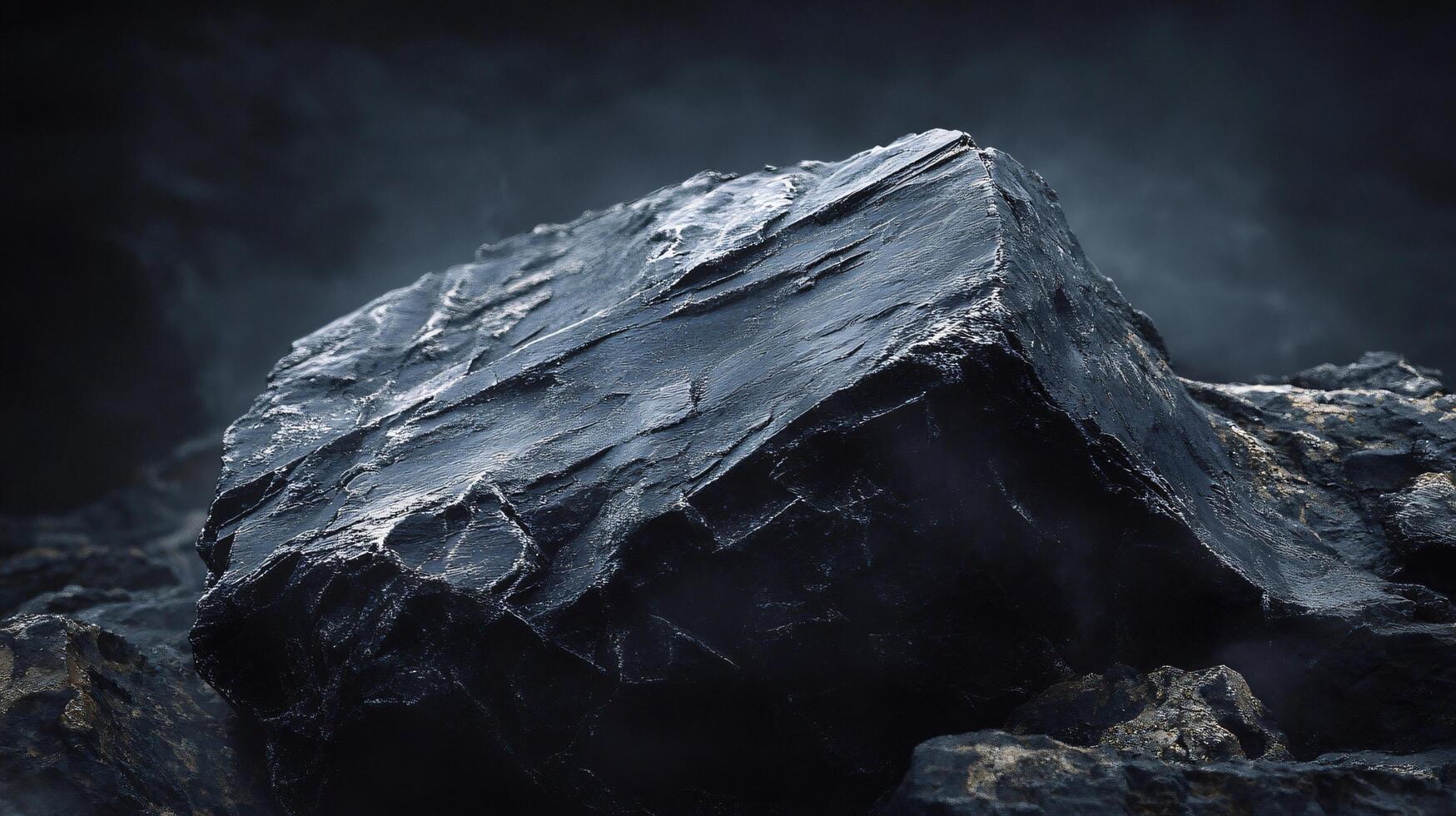 Large rock with a dark surface and a misty atmosphere. The rock appears to be a part of a larger landscape, and the misty atmosphere gives it a mysterious and ominous feel photo