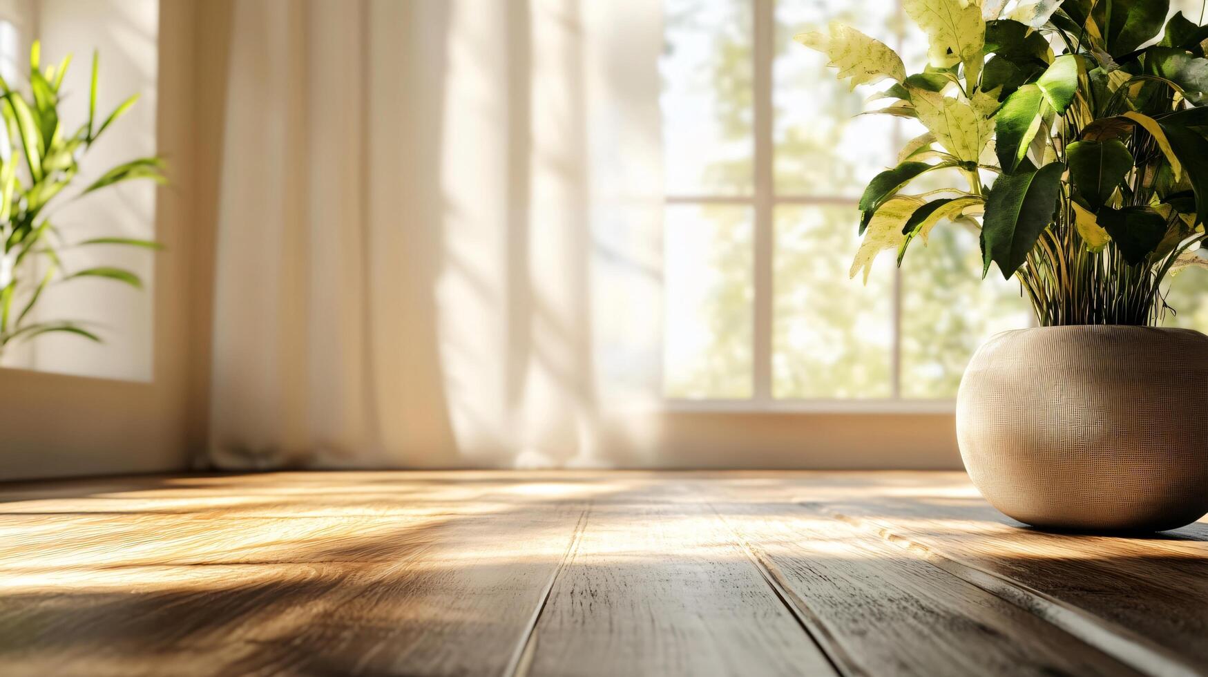 Potted plant sits on a wooden floor in front of a window. The sunlight is shining on the plant, making it look vibrant and healthy. The room has a clean and minimalist look photo