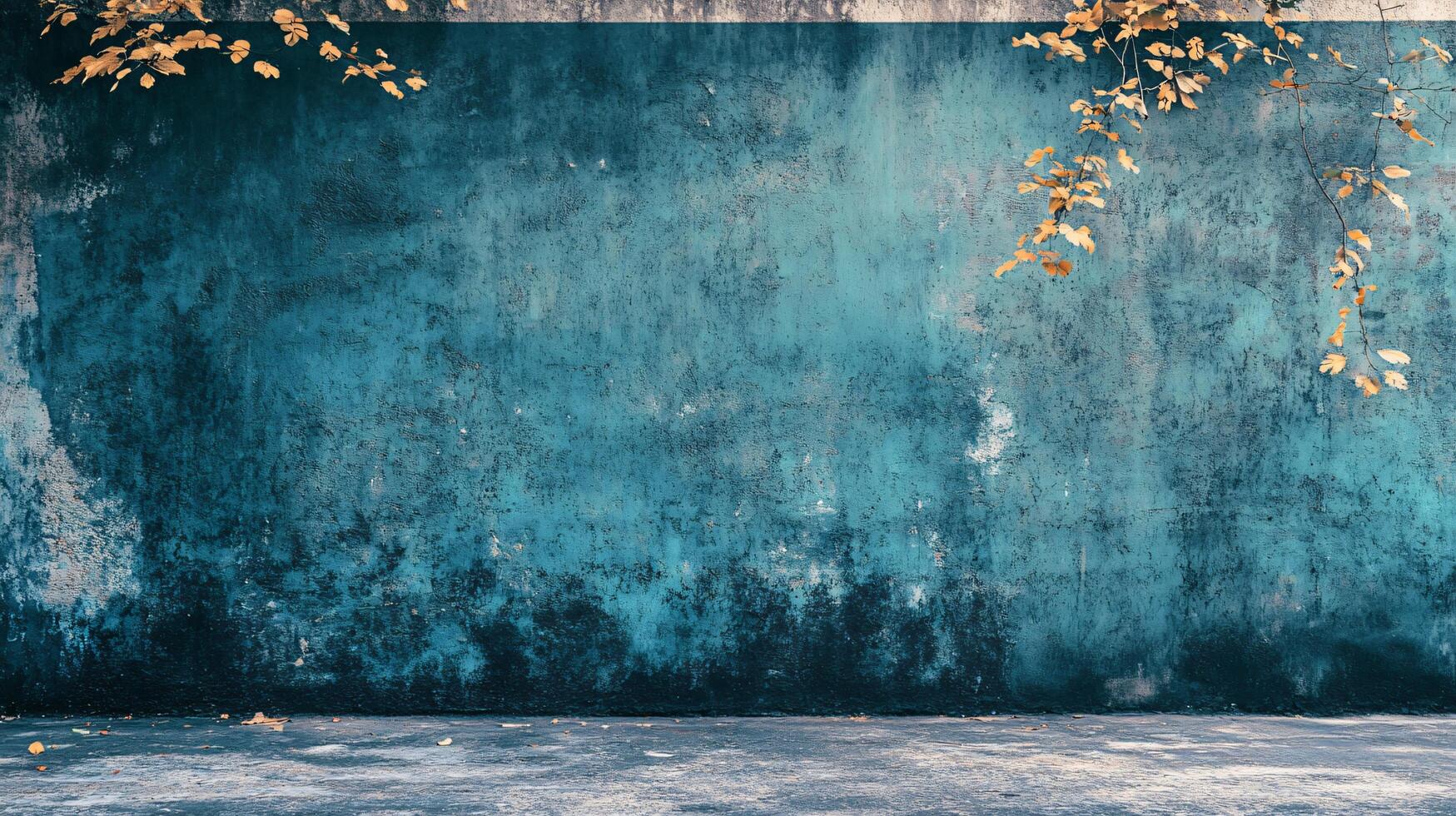 Blue wall with a tree on it. The wall is covered in graffiti and has a lot of leaves on it photo