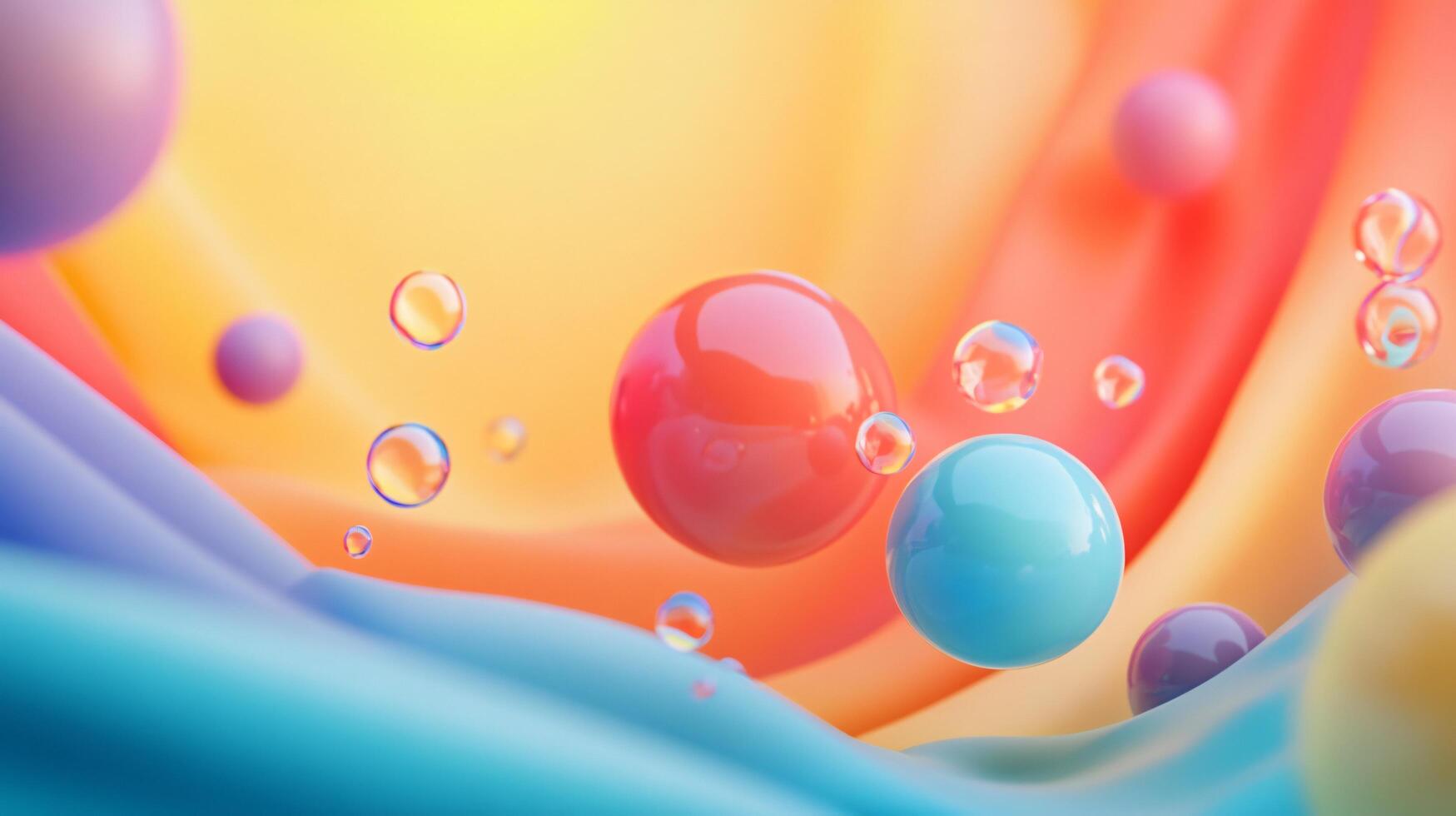 Colorful background with many different colored spheres floating in the air. The spheres are of various sizes and colors, creating a vibrant and dynamic scene. Scene is energetic and playful photo