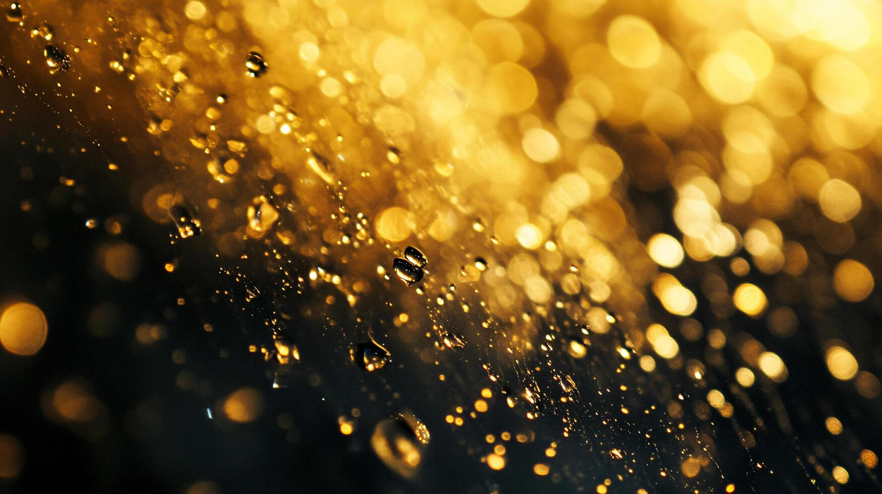 The image is a blurry, gold and black photo of raindrops on a window. The droplets are scattered throughout the frame, creating a sense of movement and energy