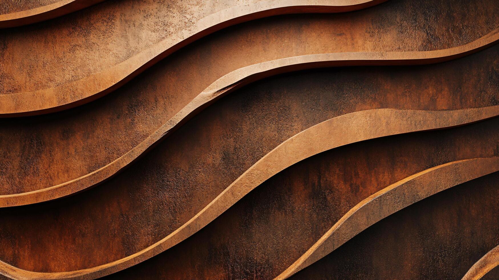 Brown and orange wooden surface with a wavy pattern. The texture of the wood is rough and uneven, giving the surface a rustic and natural appearance. The wavy lines create a sense of movement photo