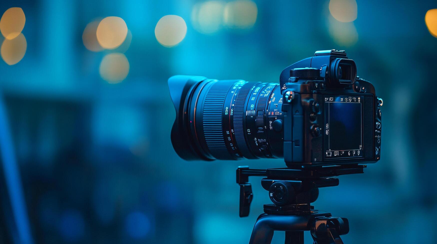 Camera with a lens is on a tripod. The camera is black and the lens is clear photo