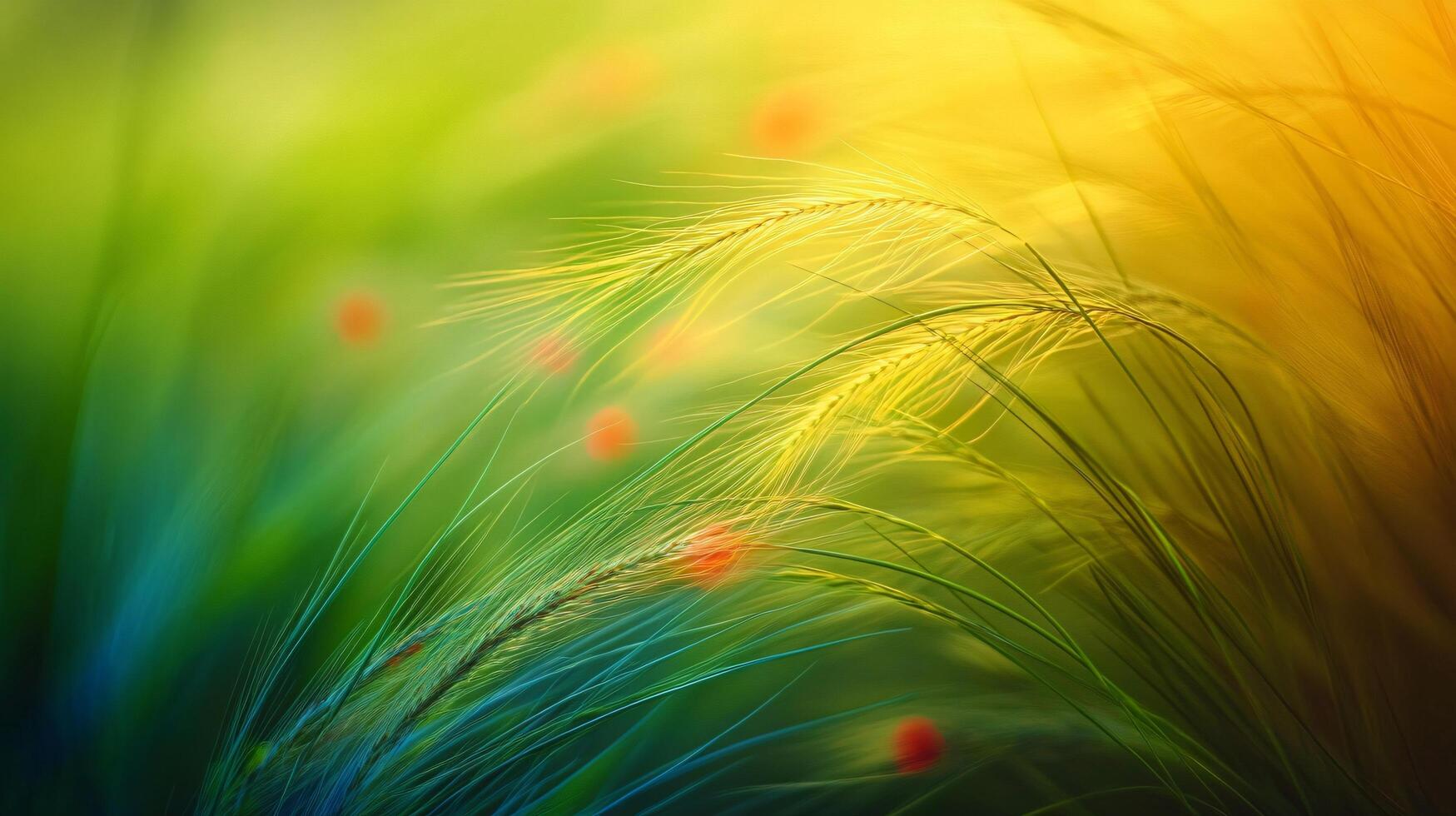 Field of grass with a few red and yellow flowers scattered throughout. The grass is lush and green, and the flowers are small and vibrant photo