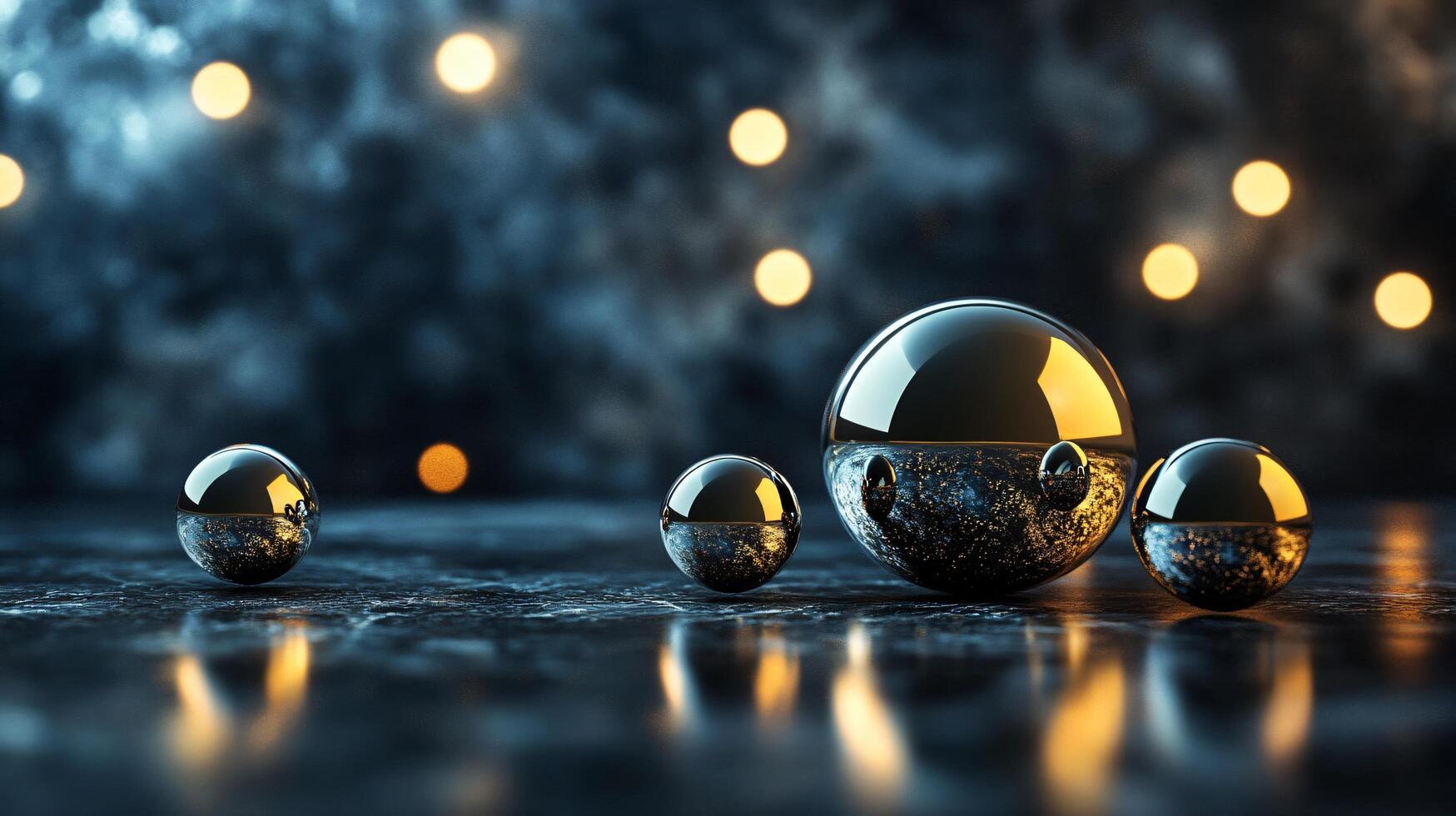 Group of shiny, reflective spheres are arranged on a dark surface. The spheres are of varying sizes and are positioned in a way that creates a sense of depth and movement. Scene is one of elegance photo