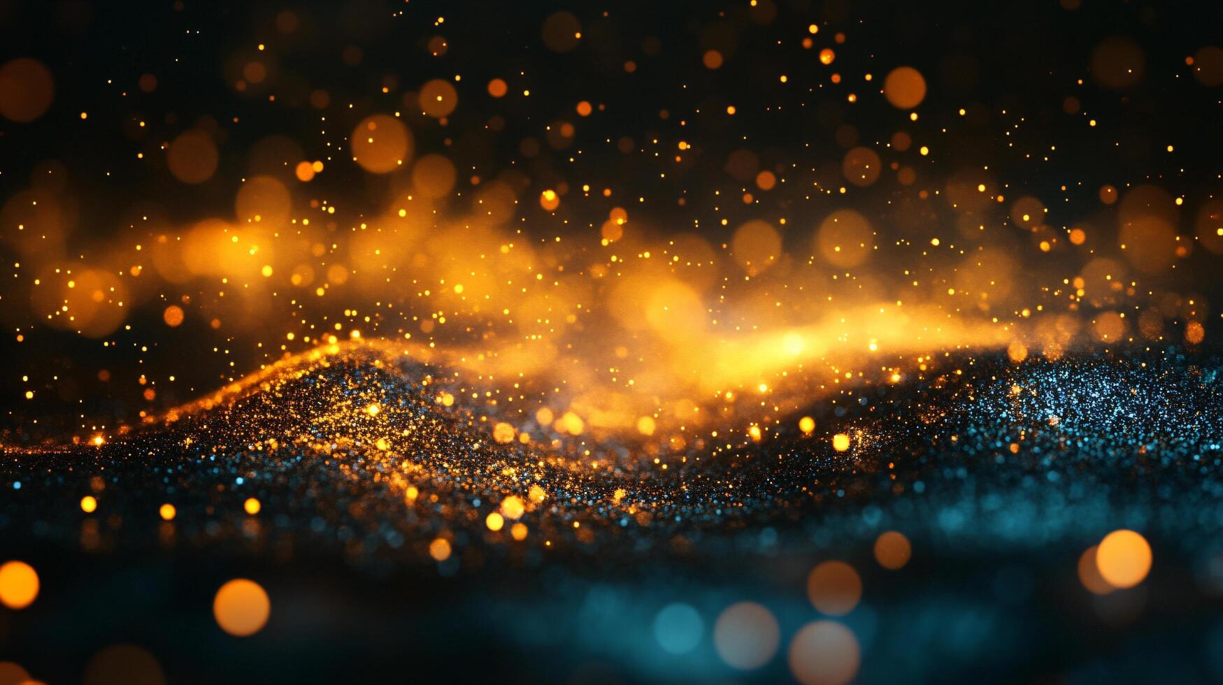 The image is a blurry, colorful, and dynamic scene of a wave of light and dark blue and orange sparks. Scene is energetic and exciting, as the sparks seem to be dancing and moving in a fluid photo