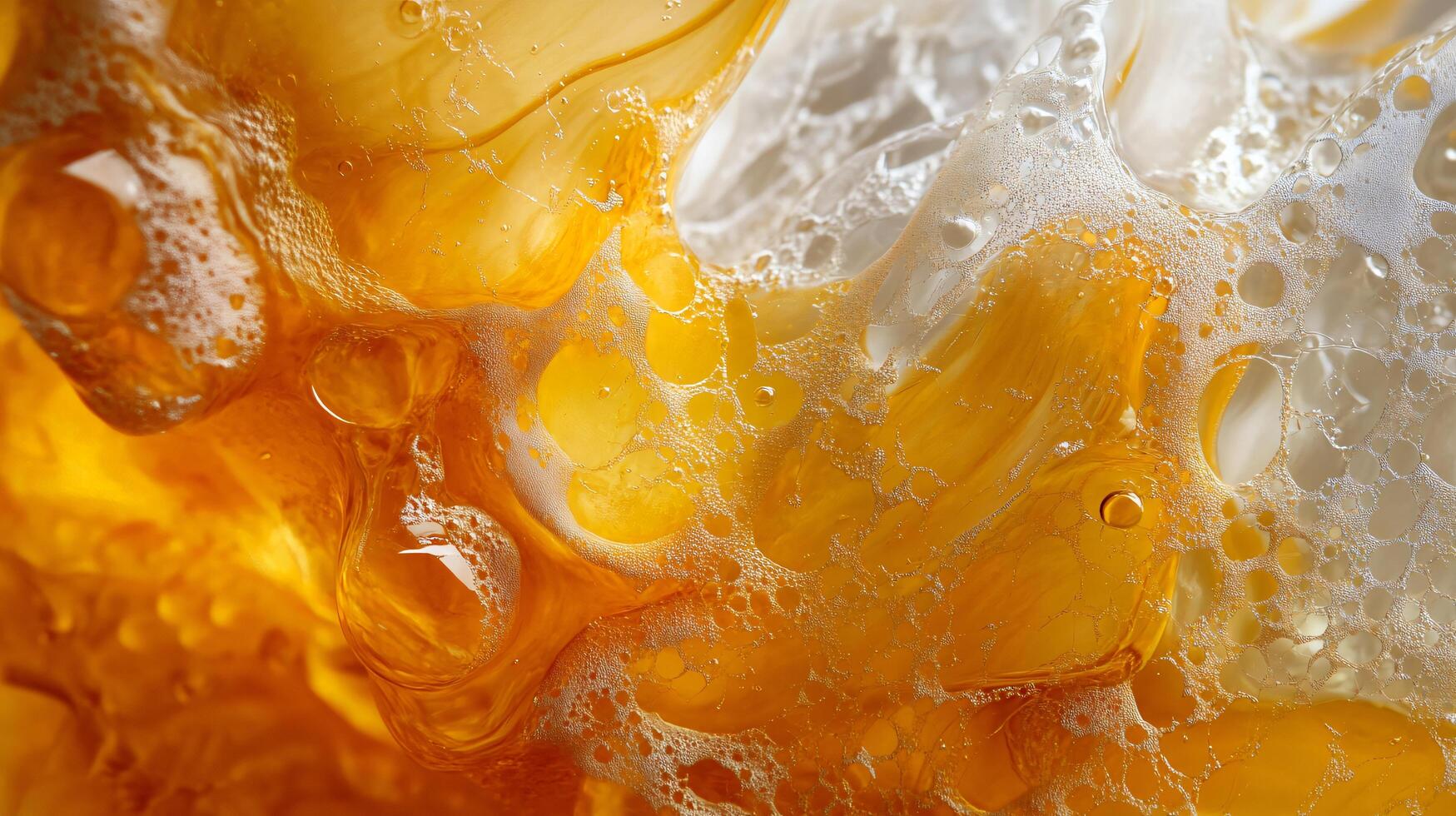 Close up of a yellow liquid with bubbles in it. The bubbles are scattered throughout the liquid, giving it a frothy appearance. The liquid seems to be a mixture of different colors photo