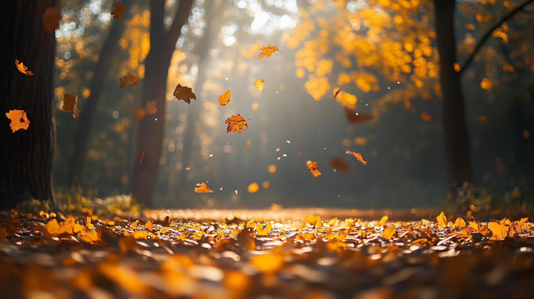 Forest with leaves falling from the trees. The leaves are scattered all over the ground photo