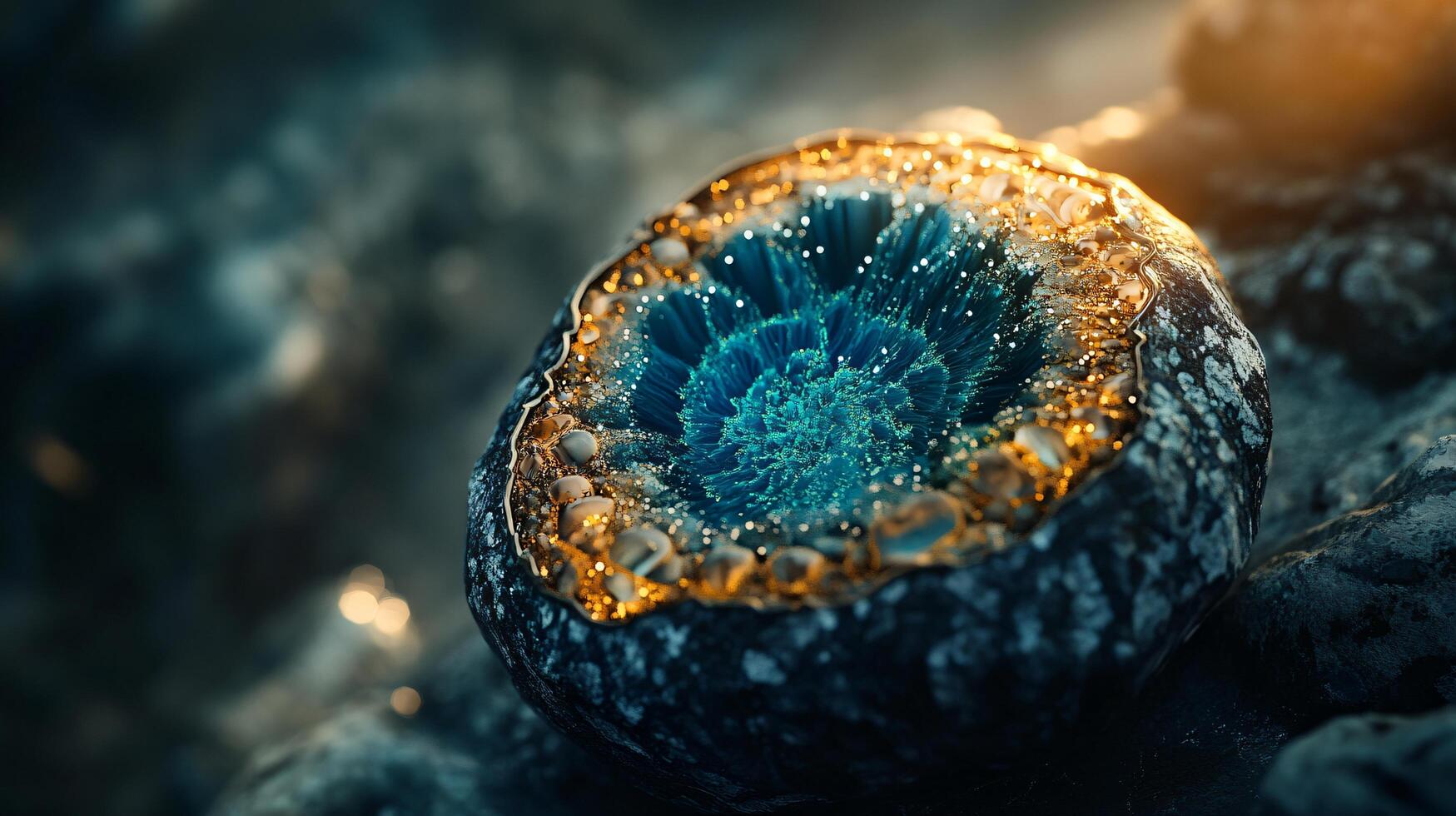 Blue and gold flower is on a rock. The flower is surrounded by a blue and gold background photo