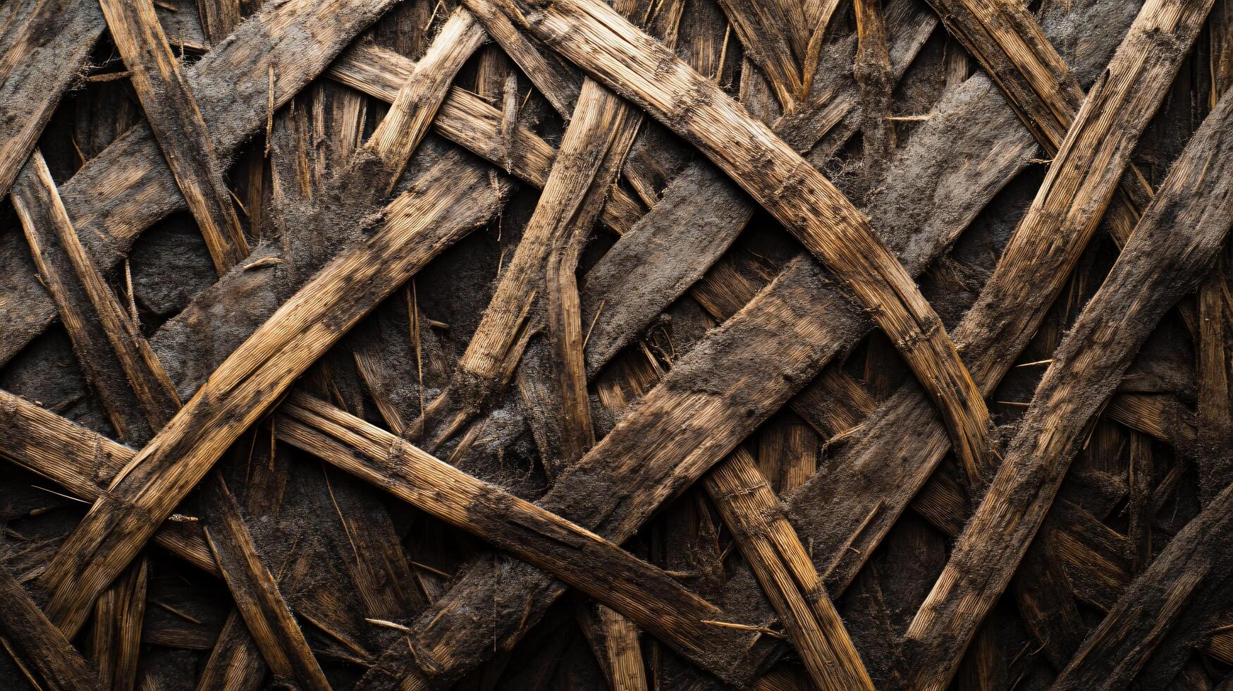 The image is of a tangled mess of wood, with some of the pieces appearing to be old and worn. Scene is one of chaos and disarray, with the wood seemingly tangled photo