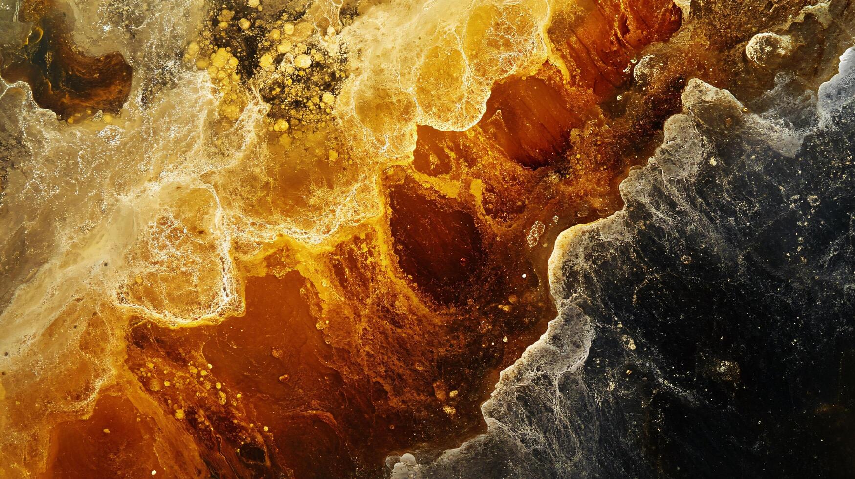 Painting of a rocky surface with a splash of color. The painting has a sense of depth and texture, with the brown and black colors creating a contrast against the yellow photo