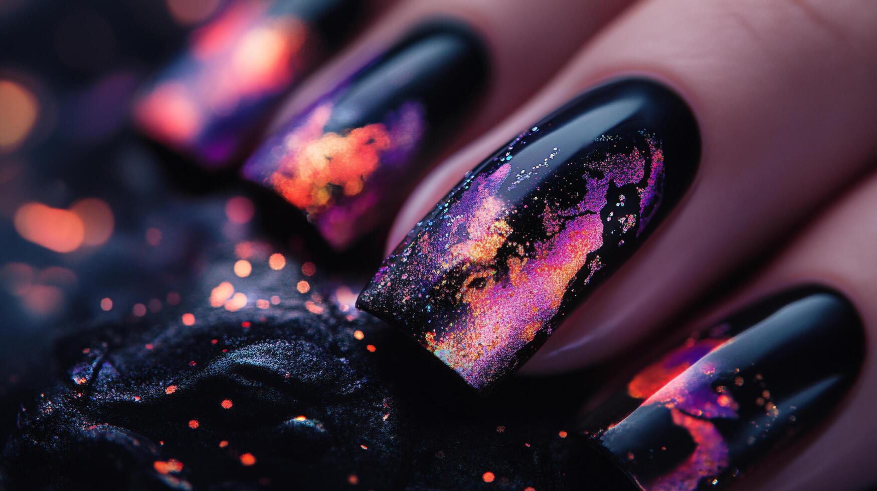 Hand with a black manicure with purple and orange glitter. The glitter is in the shape of stars and is scattered all over the nails photo