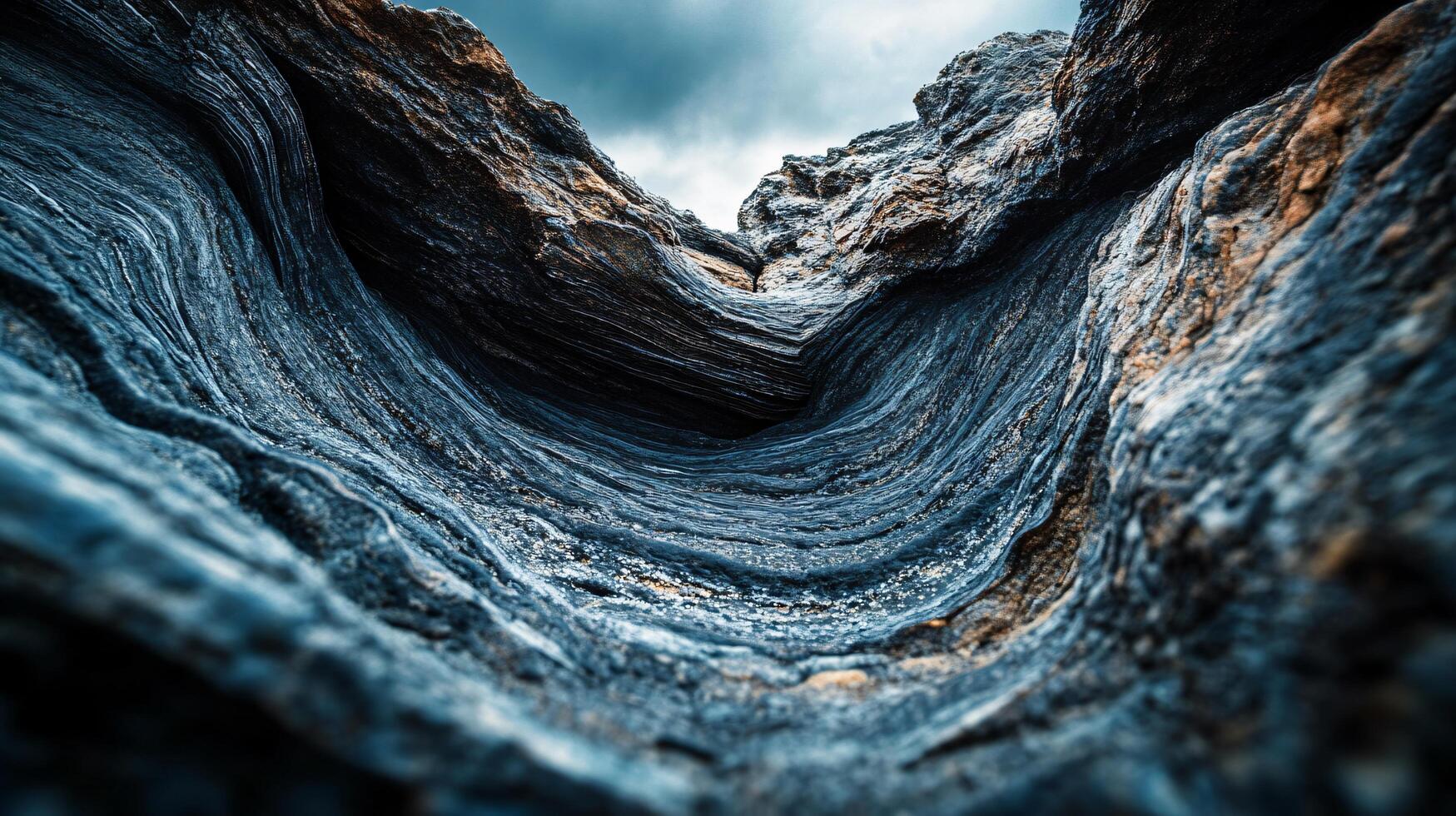 The image is of a rocky cliff with a blue and white color scheme. The rocks are jagged and rough, giving the impression of a harsh and unforgiving environment photo