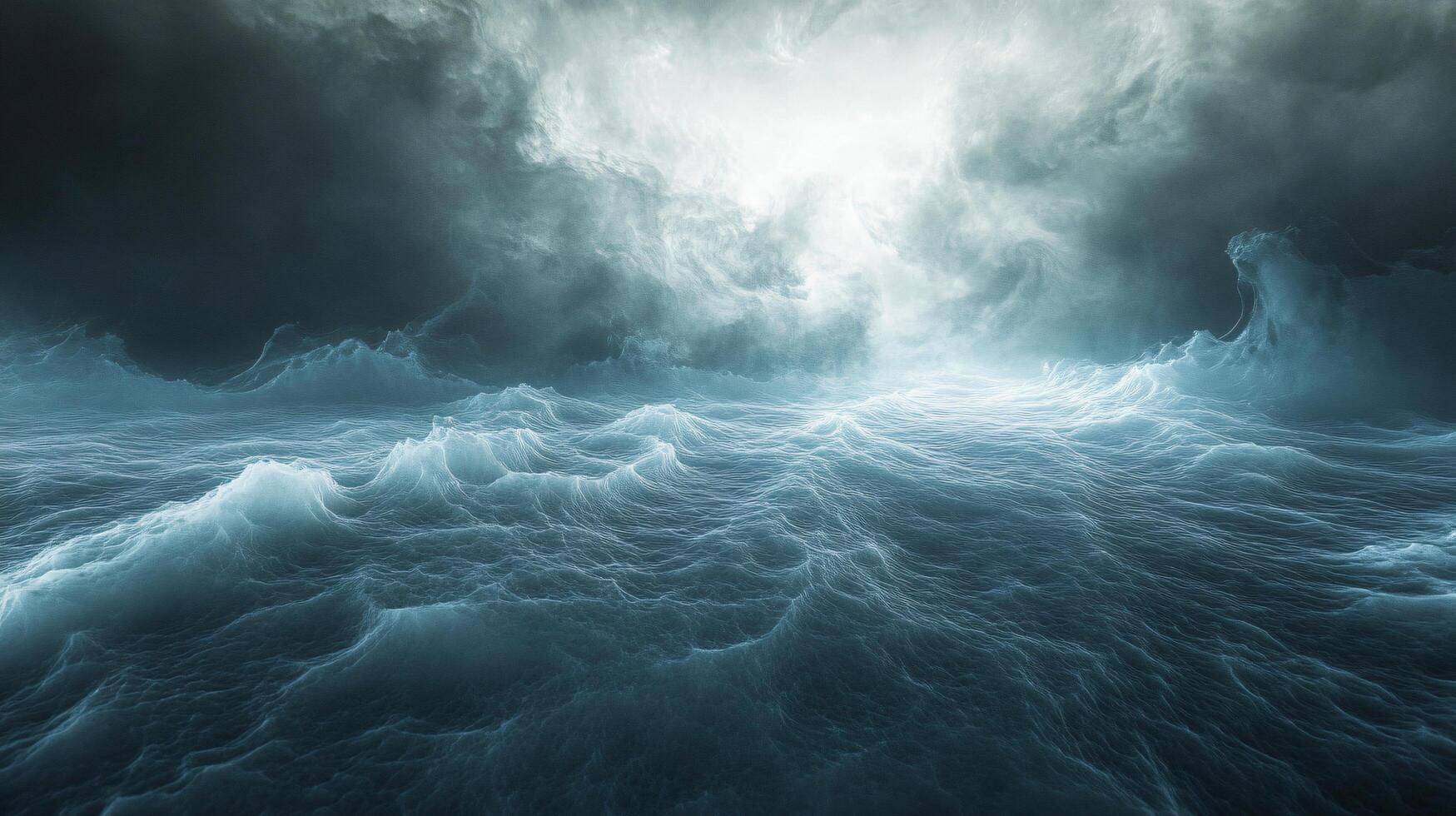 Stormy ocean with a bright sun in the sky. The sky is filled with dark clouds and the water is choppy photo