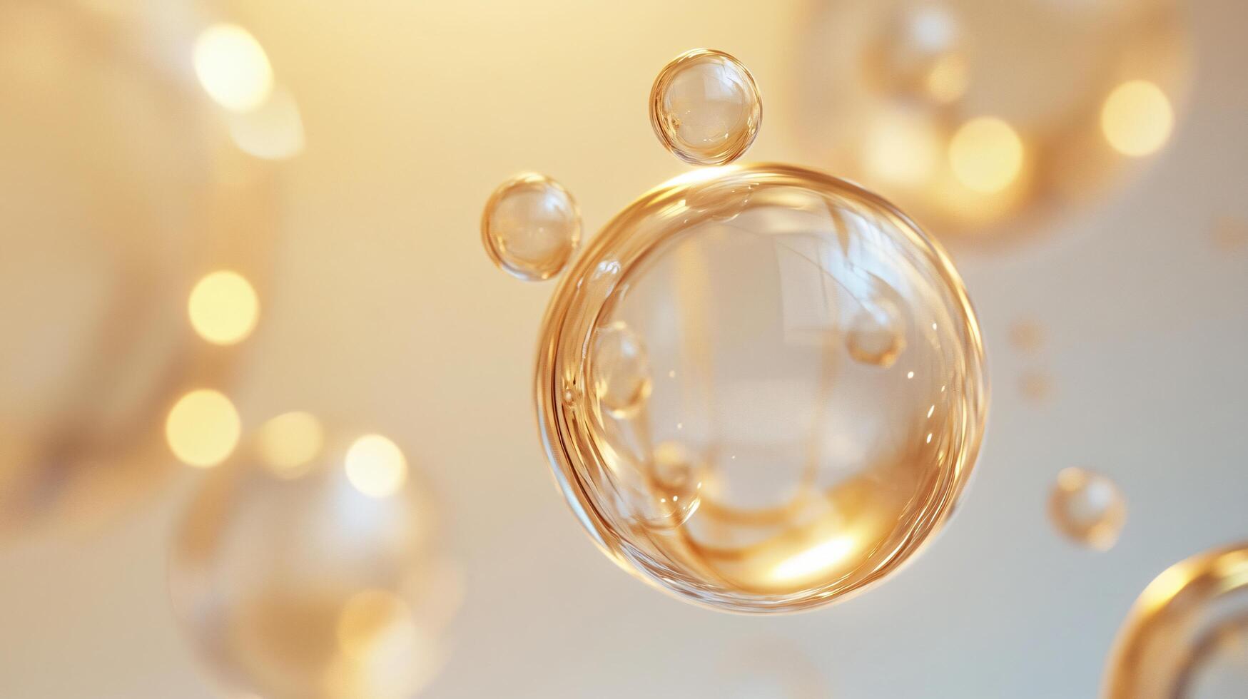 Close up of a bunch of bubbles with a yellowish tint. The bubbles are all different sizes and are floating in the air. Concept of playfulness and lightheartedness, as if the bubbles are dancing photo
