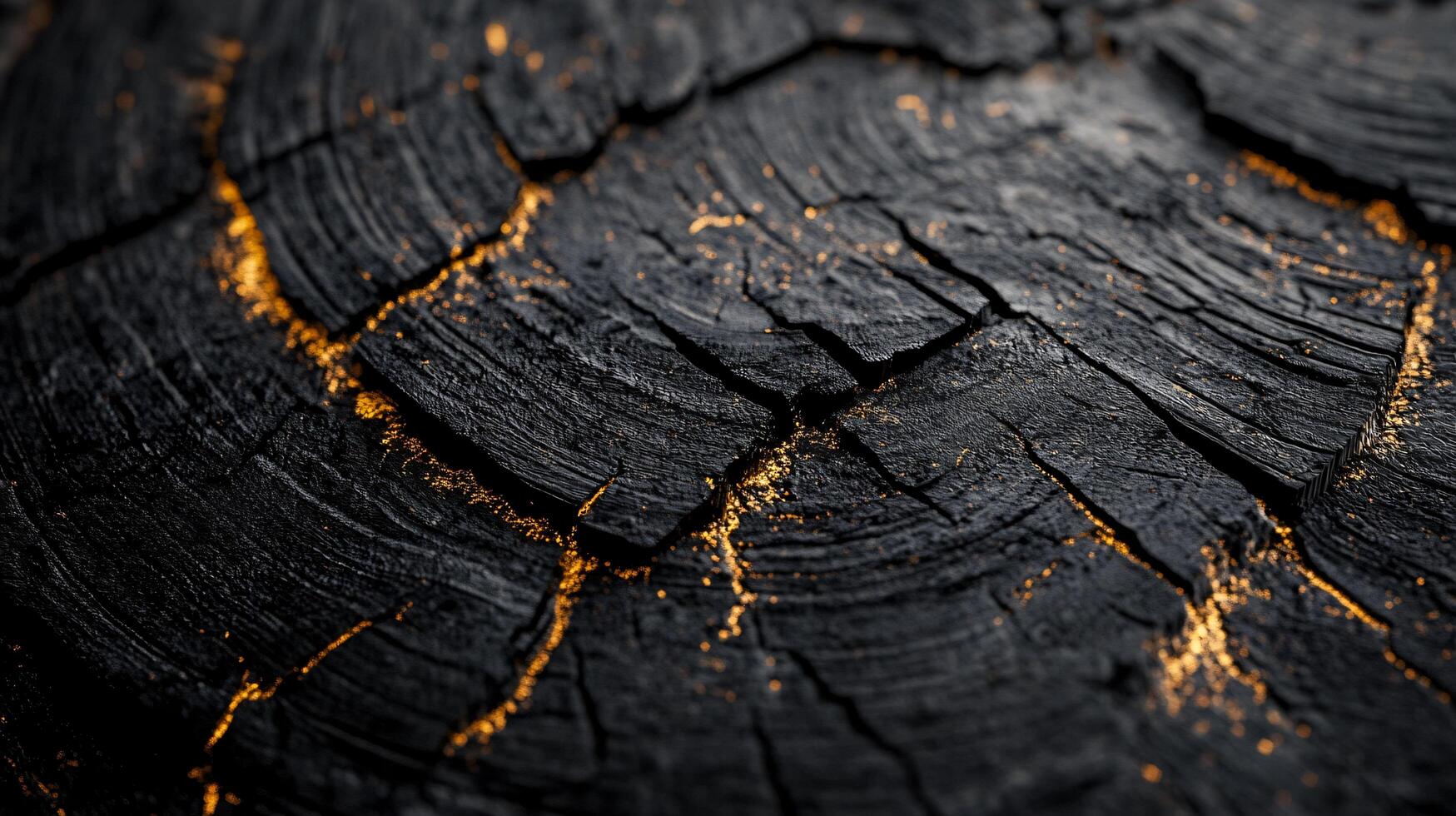 Close up of a black and burnt wood surface with a golden glow. Concept of destruction and decay, as the wood has been charred and split apart. The contrast between the black photo