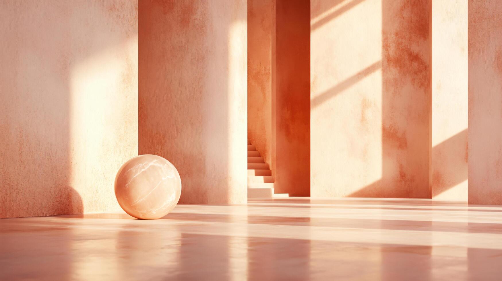 Large ball is sitting in the middle of a room with a lot of light coming in from the windows. The room is empty and the ball is the only object in the scene photo