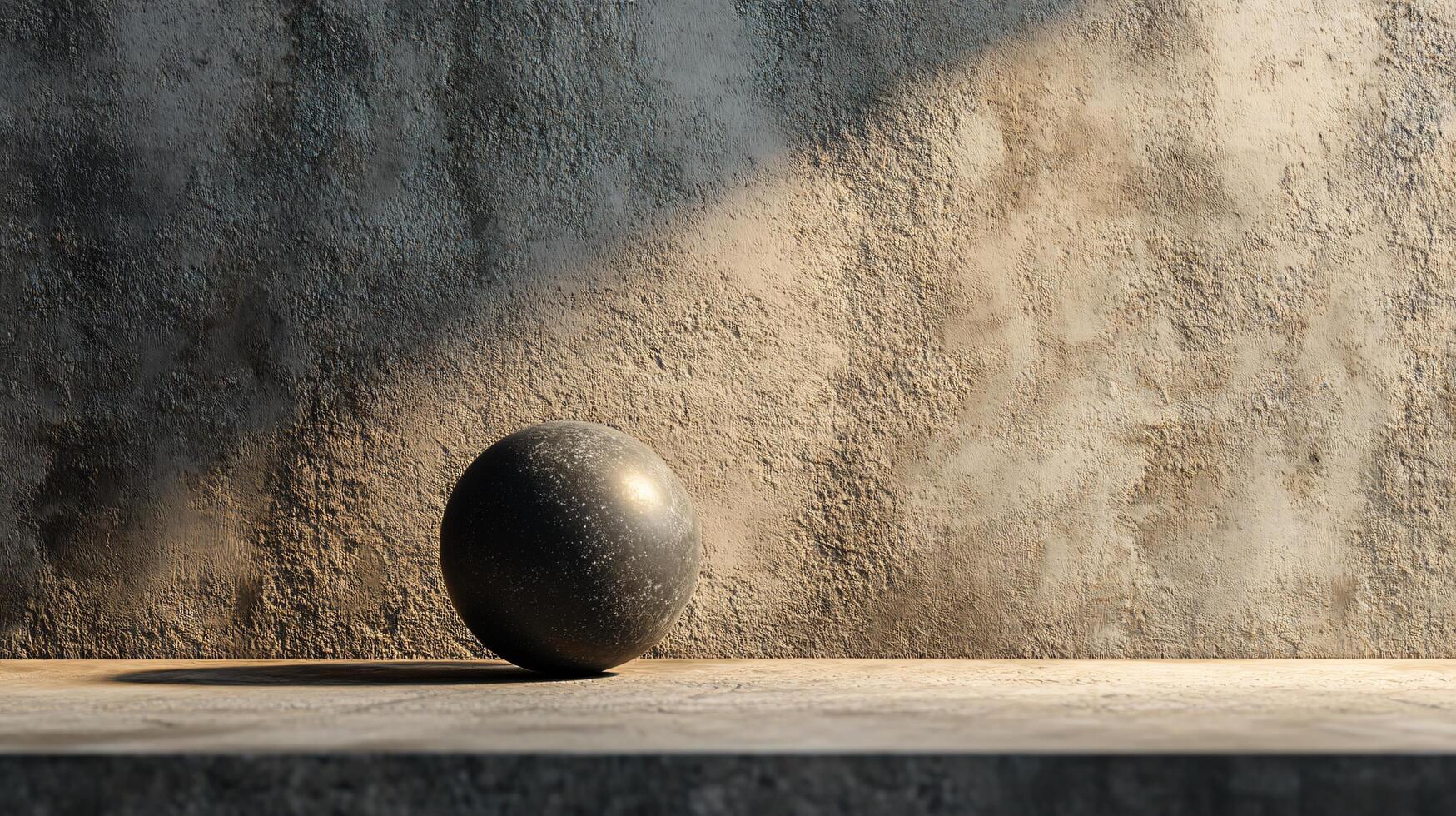 Black ball is sitting on a grey surface. The ball is surrounded by a lot of dust and debris, giving it a worn and weathered appearance. The scene is somewhat chaotic and disorganized photo