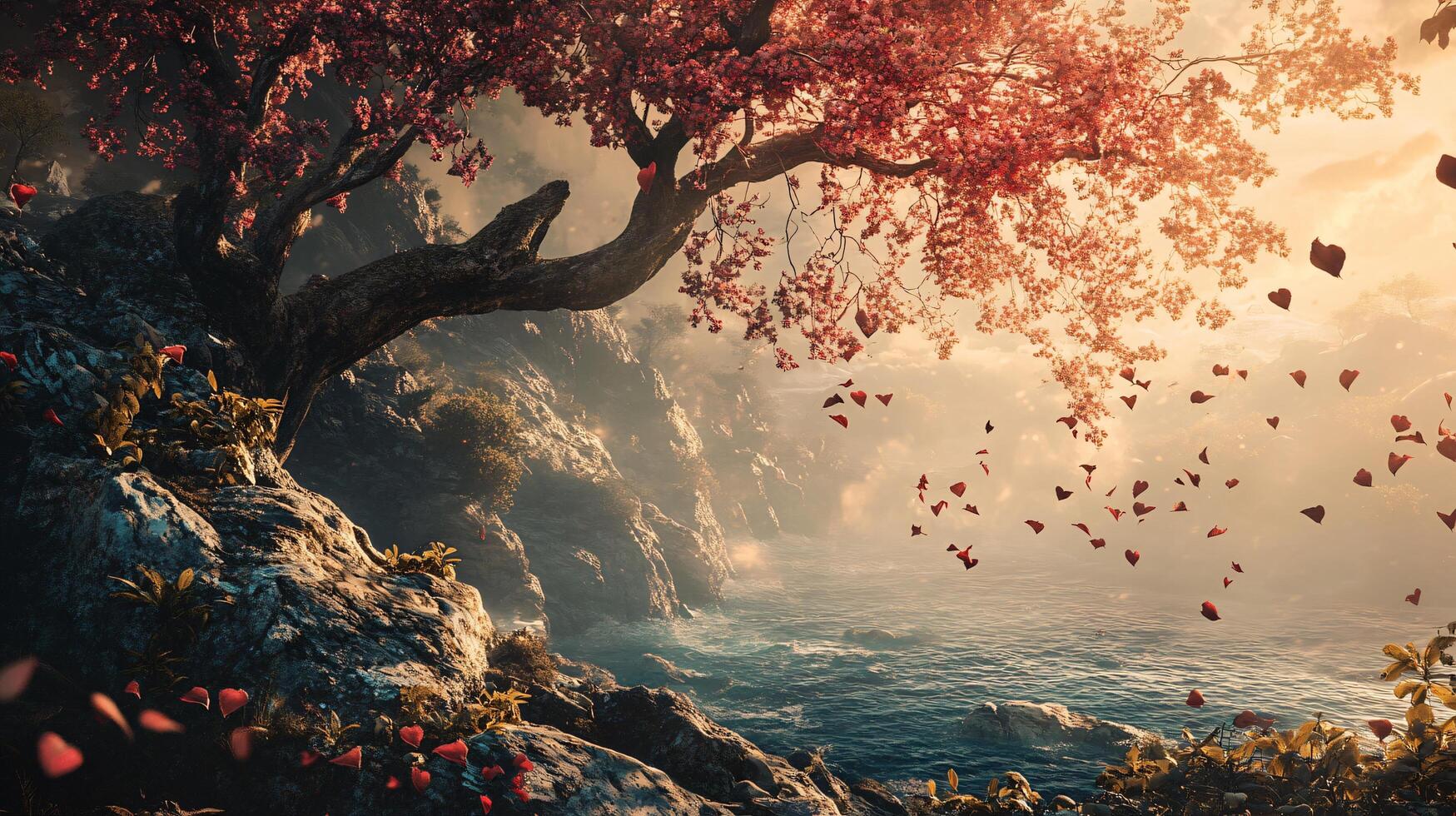 Beautiful landscape with a tree and a body of water. The tree is full of red leaves and the water is calm. The scene is peaceful and serene photo