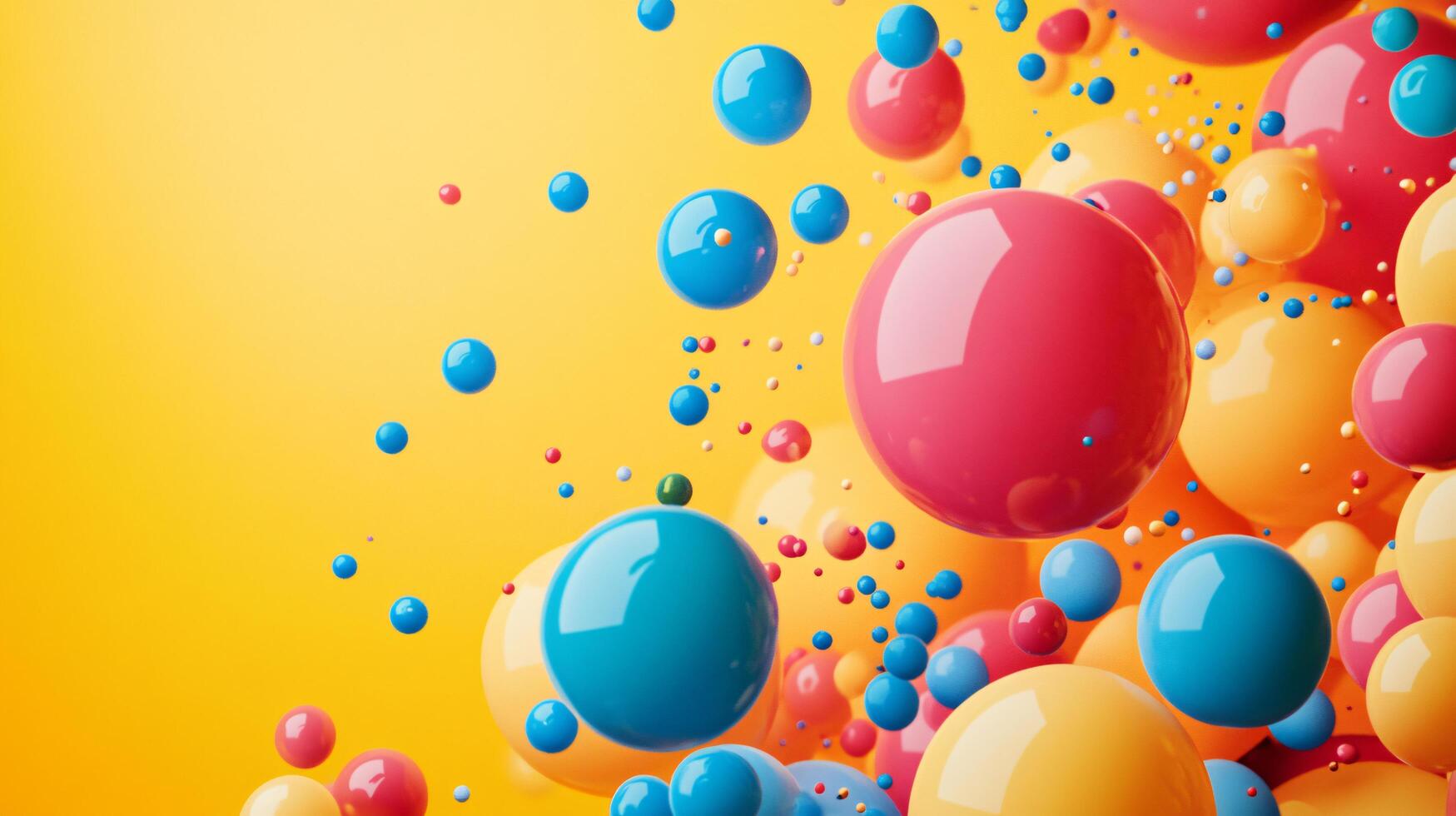 Colorful background with many different colored balls scattered around. The background is yellow and the balls are in various colors such as blue, red, and green. The image has a playful photo
