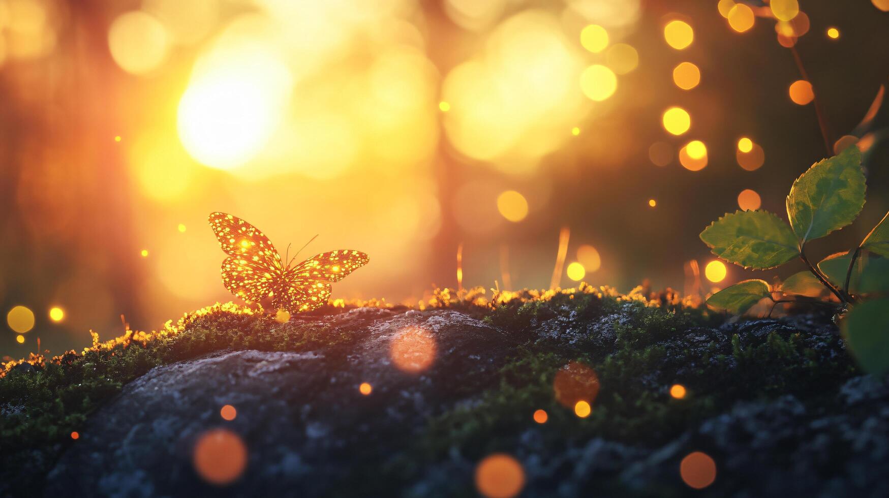 Butterfly is on a rock in the woods. The sun is shining brightly, creating a warm and peaceful atmosphere photo