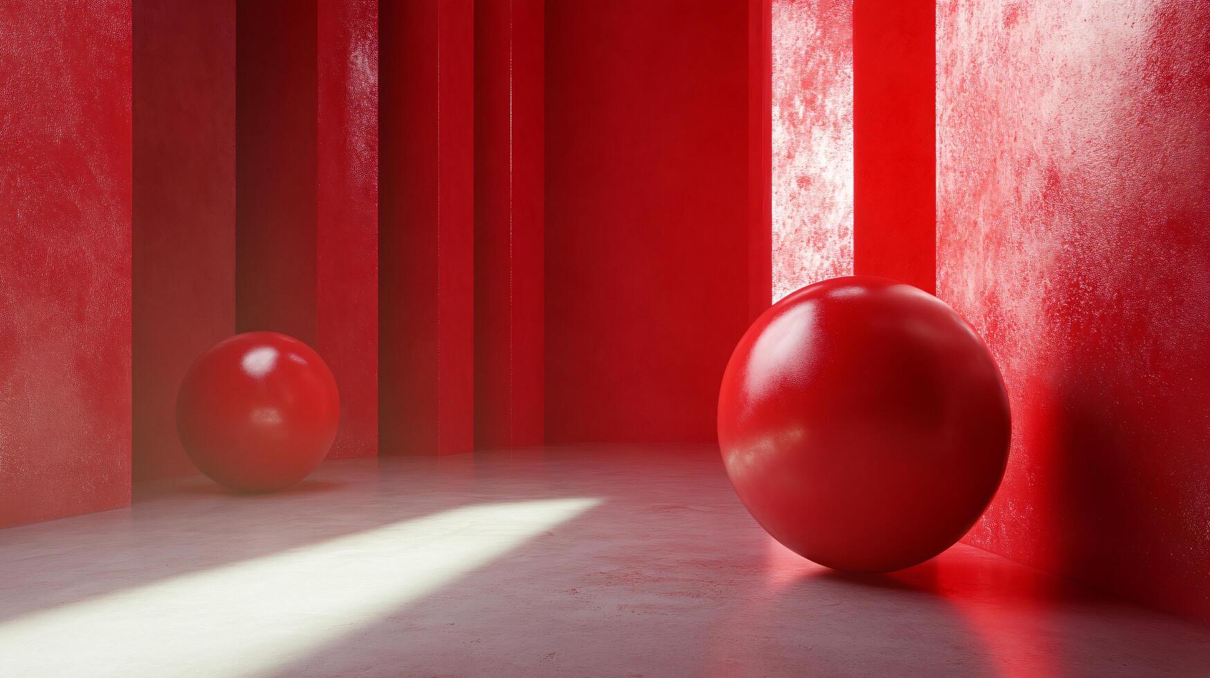 Red room with two red balls on the floor. The room is dimly lit and the balls are the only objects in the room photo