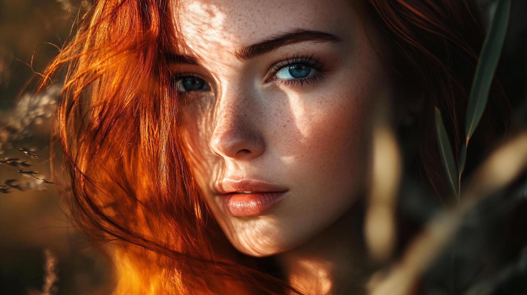 Woman with red hair and blue eyes is standing in a field of grass. The sun is shining on her face, making her look beautiful and radiant photo