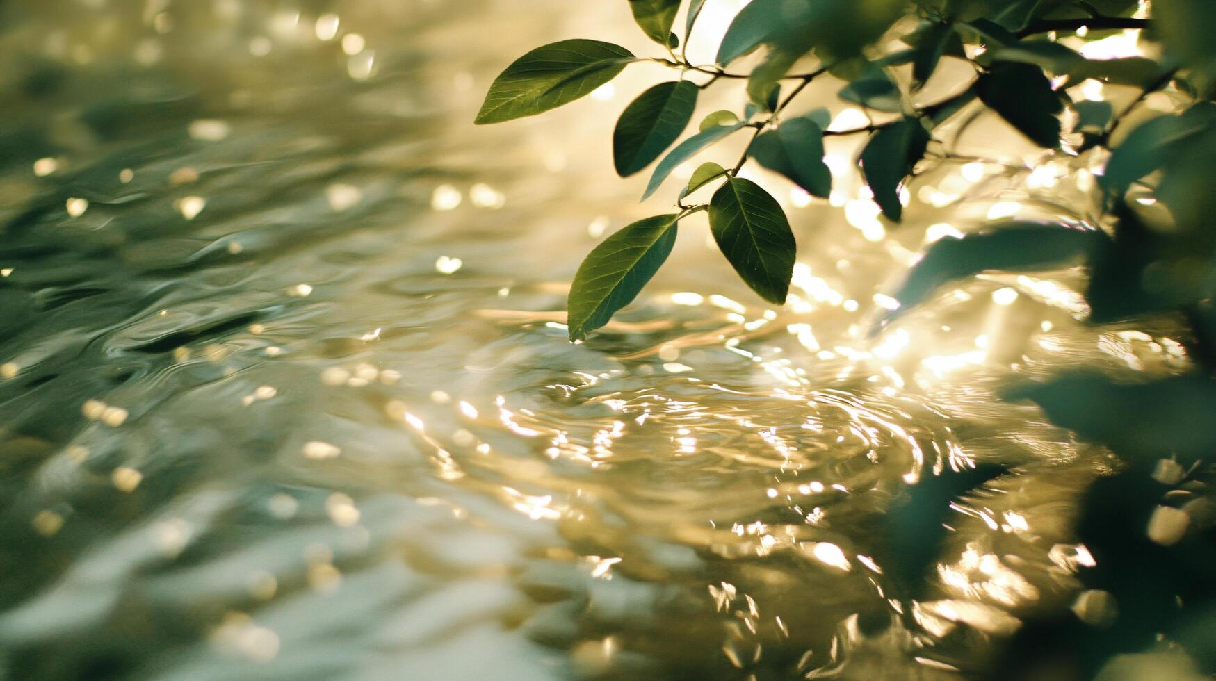 Leaf is floating on the surface of a body of water. The water is calm and still, with ripples forming around the leaf. The scene is peaceful and serene photo