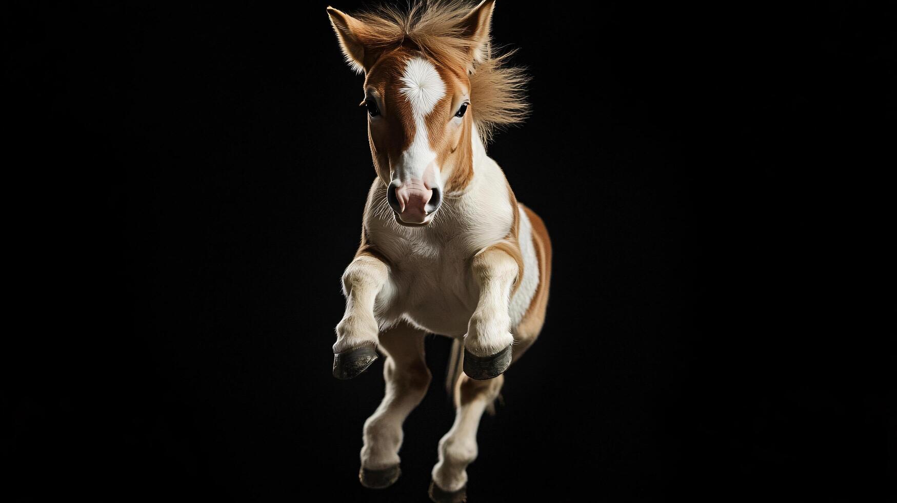 Brown and white horse is jumping in the air. The image has a playful and energetic mood photo
