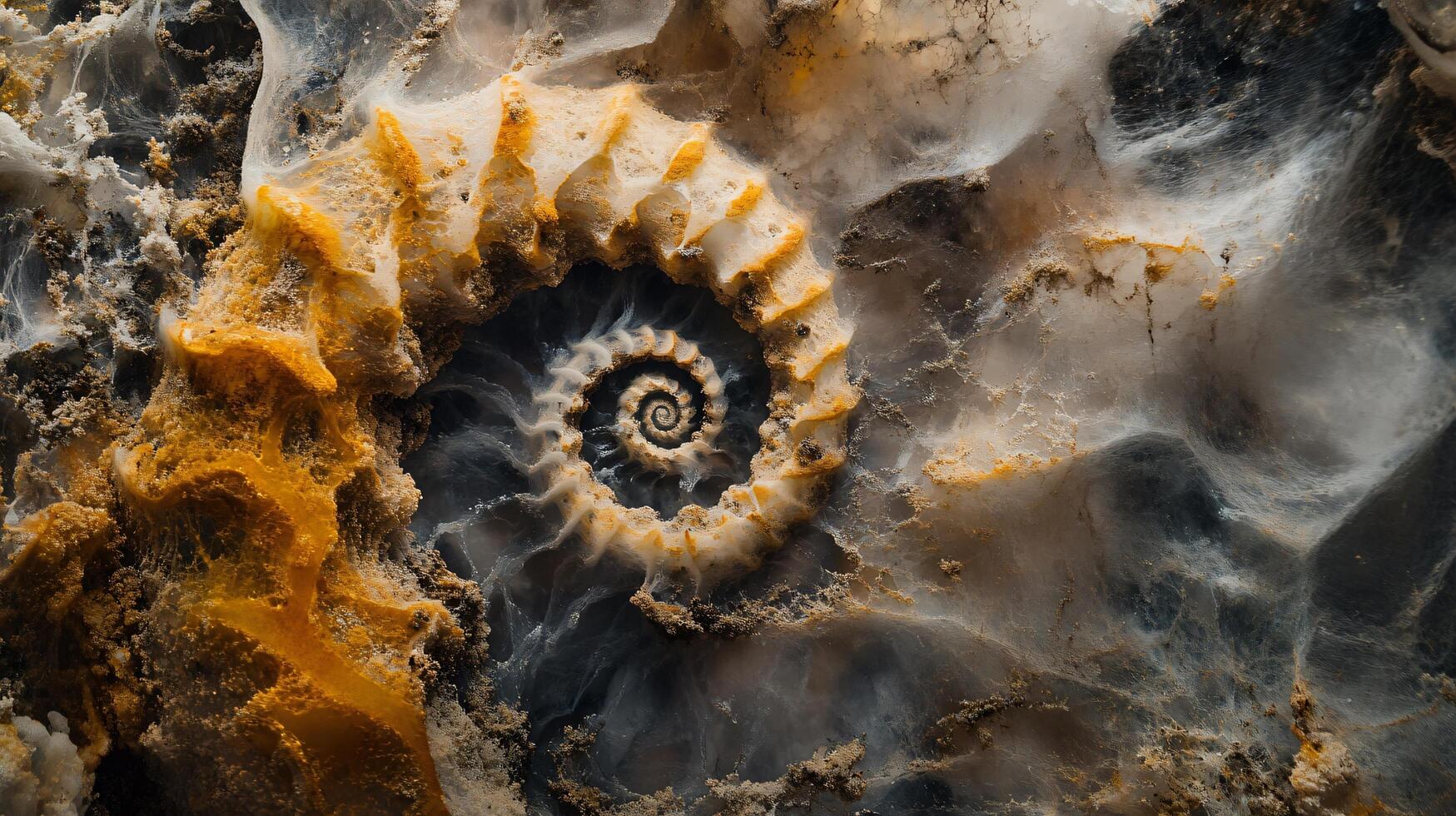 Spiral shaped rock with a yellow and brown color. The rock is surrounded by a sandy area photo