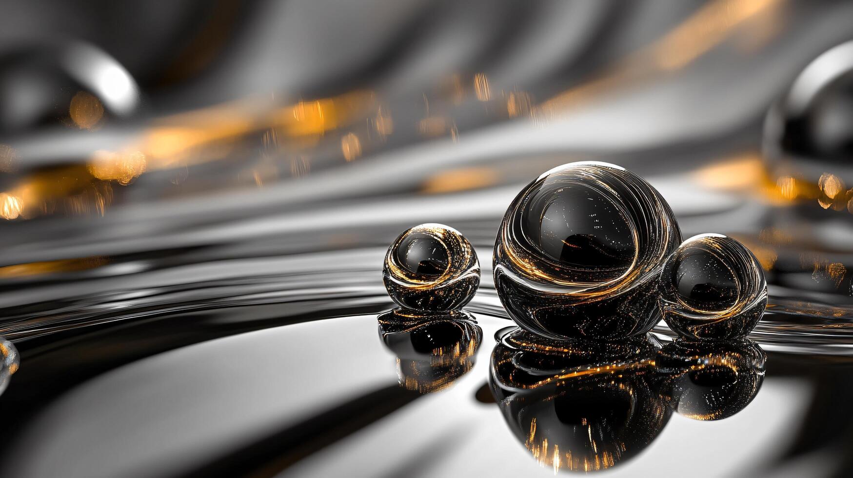 Reflection of three black spheres on a dark surface. The spheres are surrounded by a shimmering light, giving the image a dreamy, ethereal quality photo