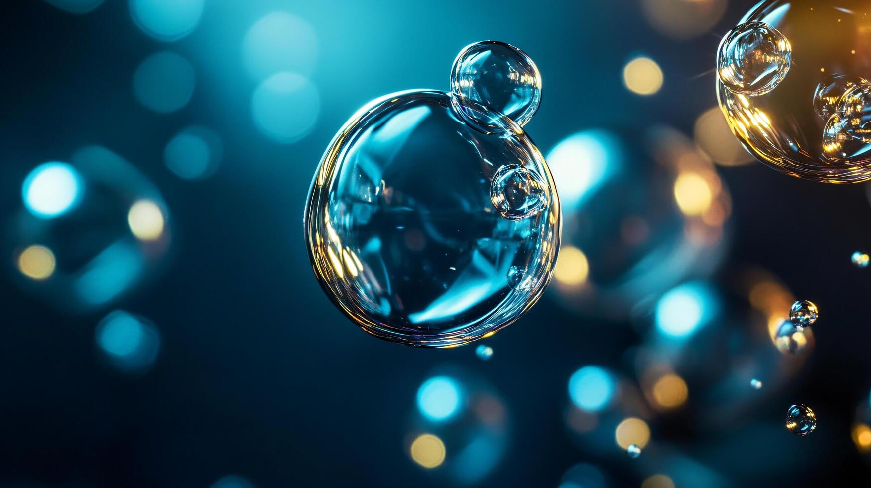 Close up of a bubble with a blue and yellow background. The bubbles are floating in the air and the background is a mix of blue and yellow photo
