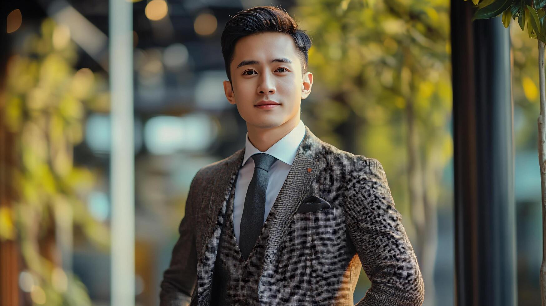 Man in a suit and tie stands in front of a building. He is wearing a tie and a jacket photo